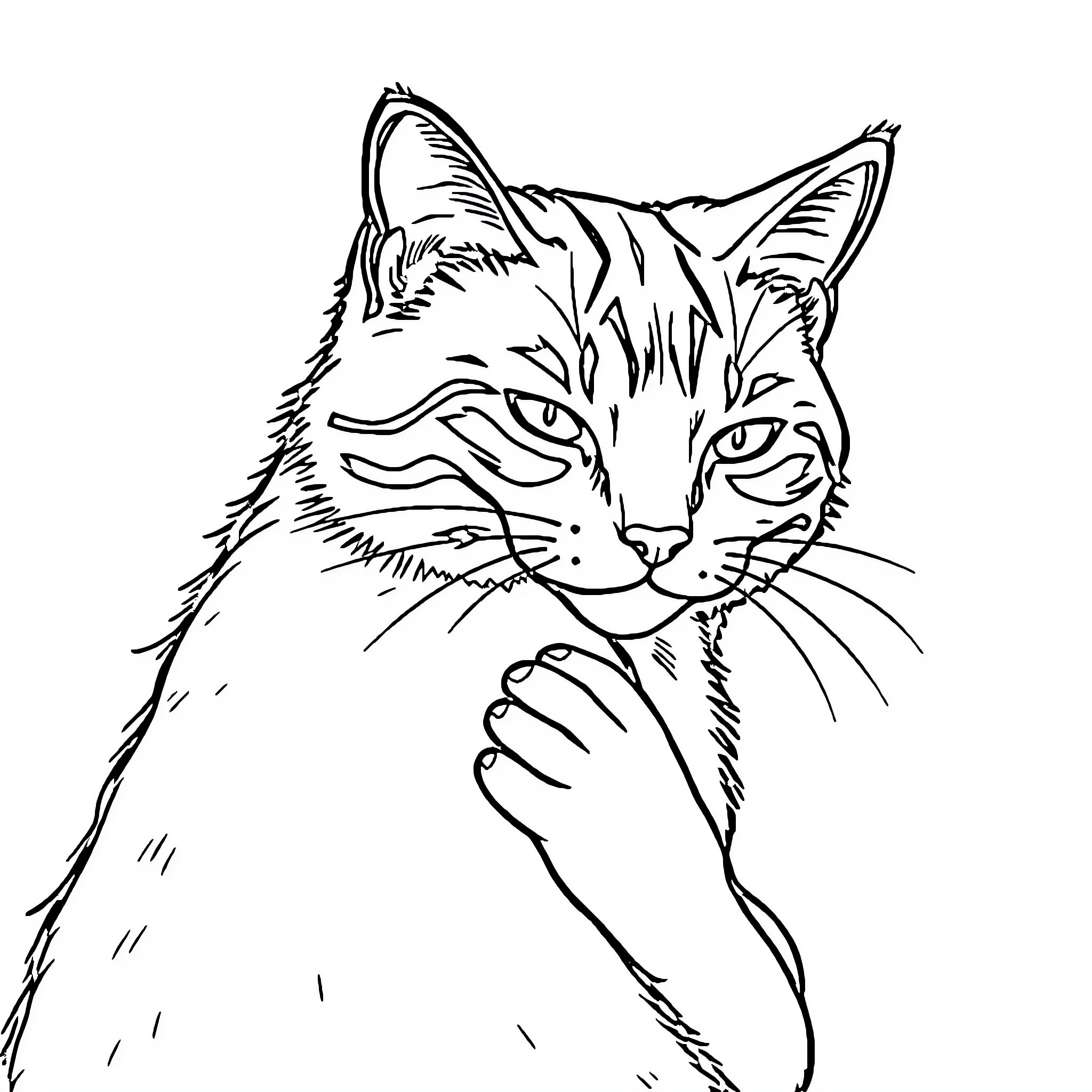 Cat in pensive pose Coloring Page (free black-and-white line drawing printable PDF for all, from beginners to advanced learners, including children, teens, adults, and seniors)