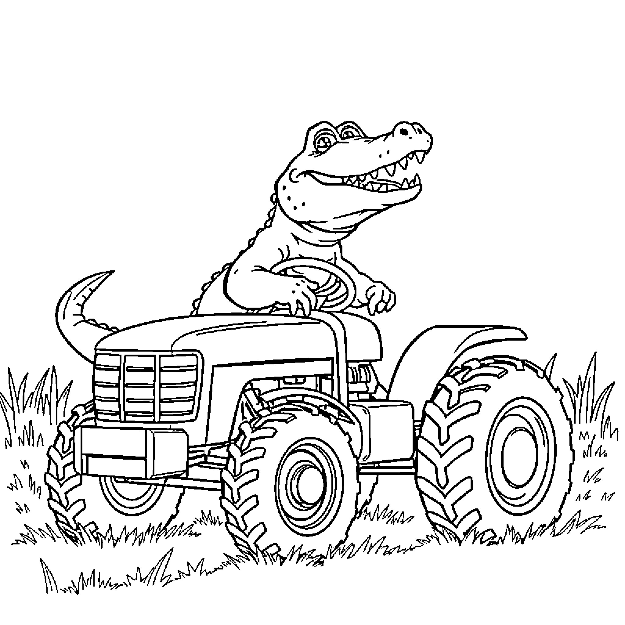 Alligator driving a tractor through the field Coloring Page (free black-and-white line drawing printable PDF for all, from beginners to advanced learners, including children, teens, adults, and seniors)