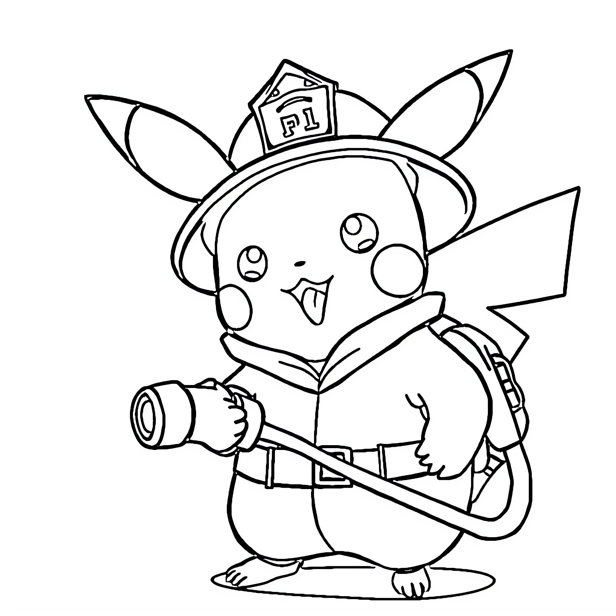 Pikachu Dressed as a Firefighter Coloring Page (free black-and-white line drawing printable PDF for all, from beginners to advanced learners, including children, teens, adults, and seniors)