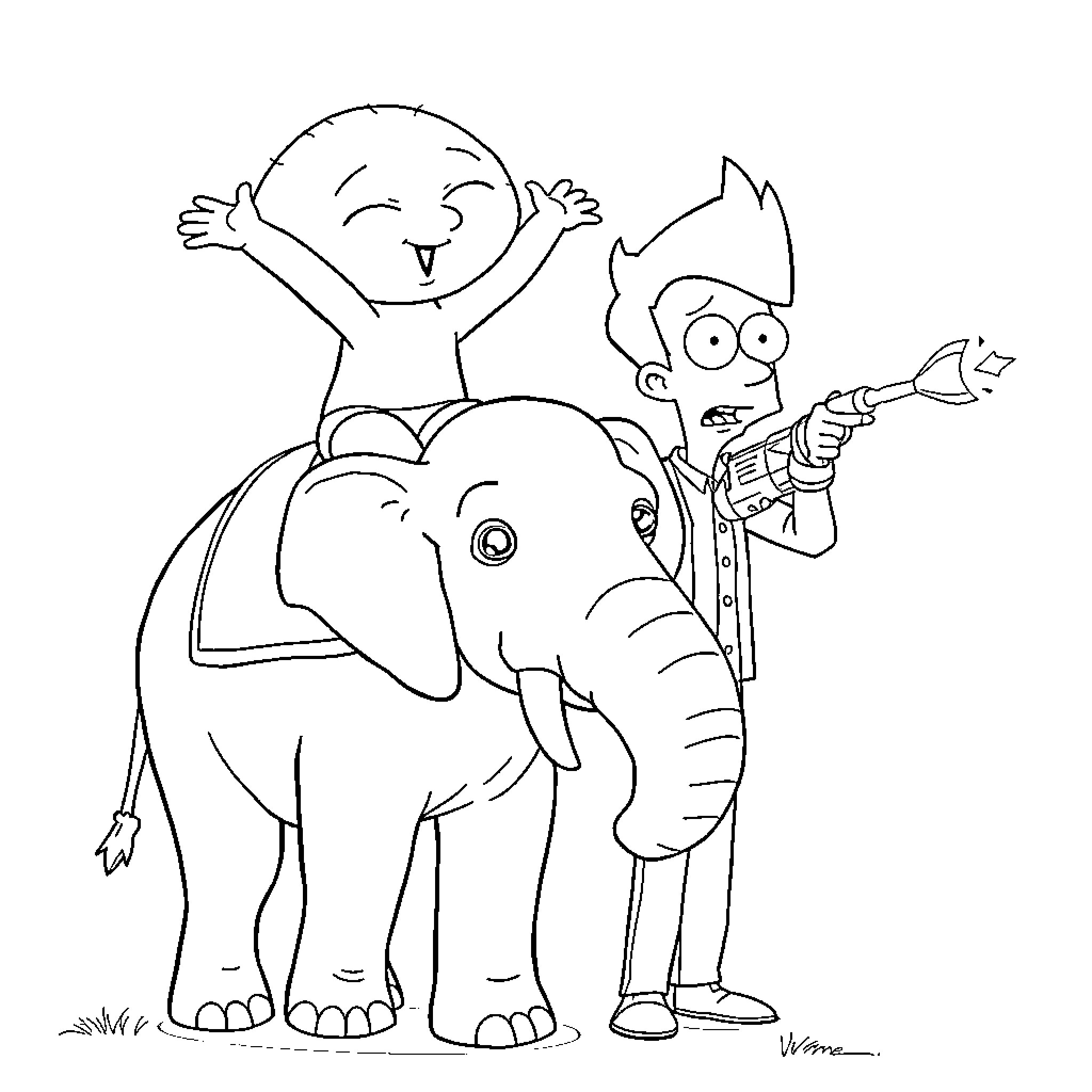 Stewie playing on an elephant with Brian Coloring Page (free black-and-white line drawing printable PDF for all, from beginners to advanced learners, including children, teens, adults, and seniors)