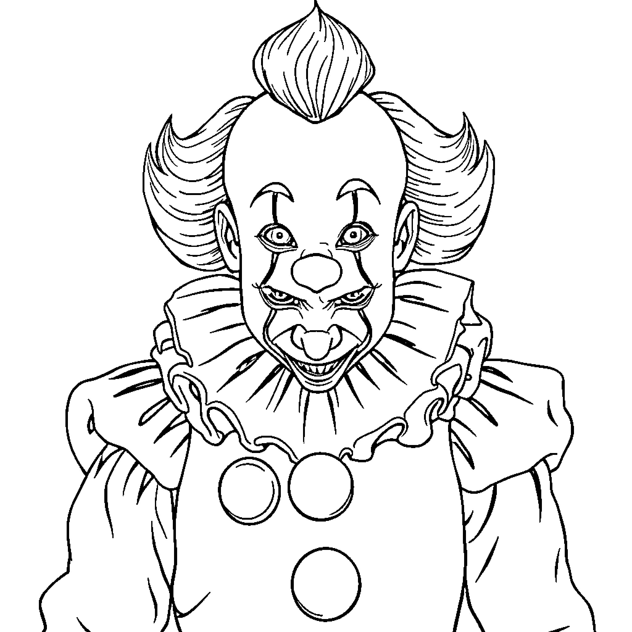 Pennywise the Frightening Clown's Sinister Grin Coloring Page (free black-and-white line drawing printable PDF for all, from beginners to advanced learners, including children, teens, adults, and seniors)