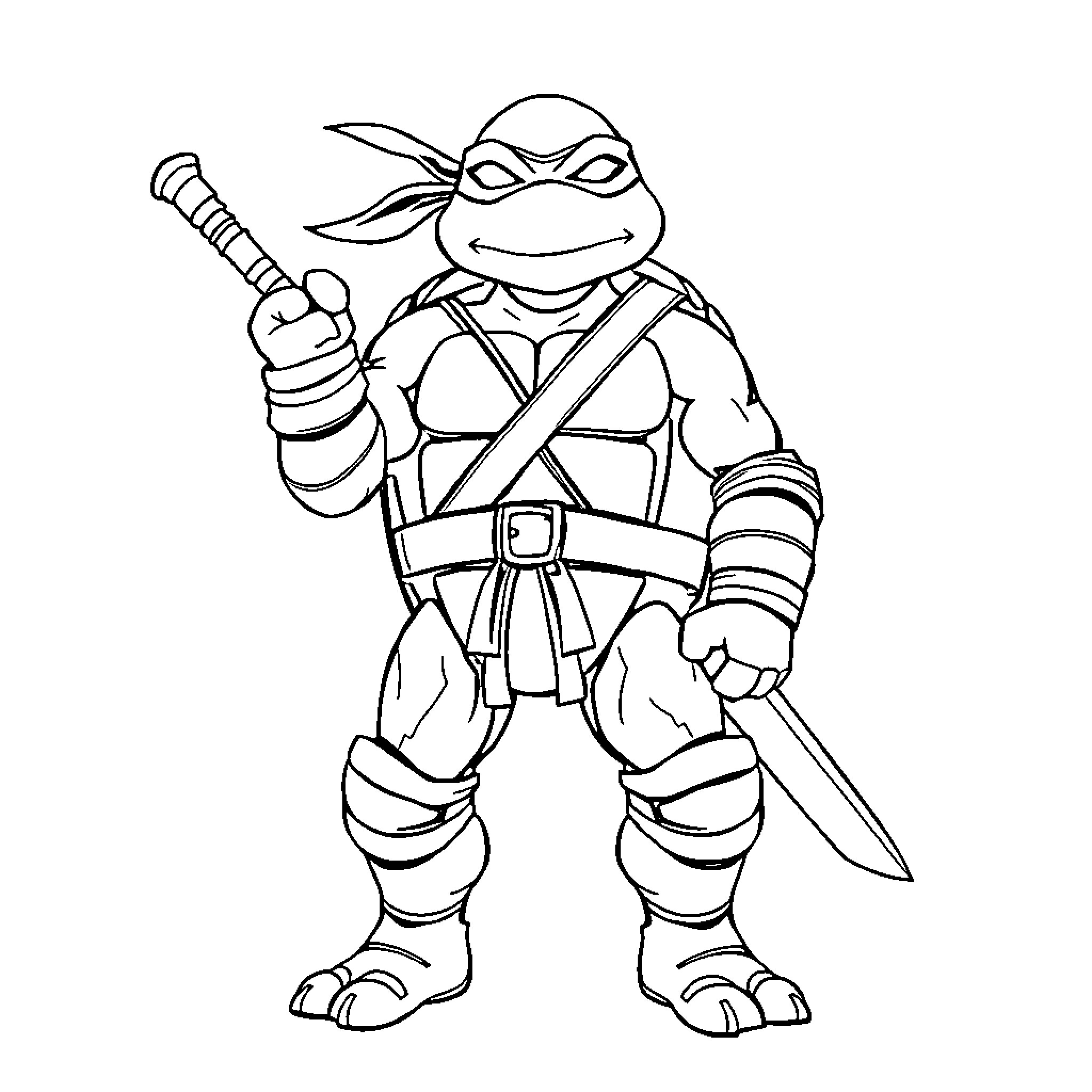 Ninja Turtle ready for action with weapon Coloring Page (free black-and-white line drawing printable PDF for all, from beginners to advanced learners, including children, teens, adults, and seniors)
