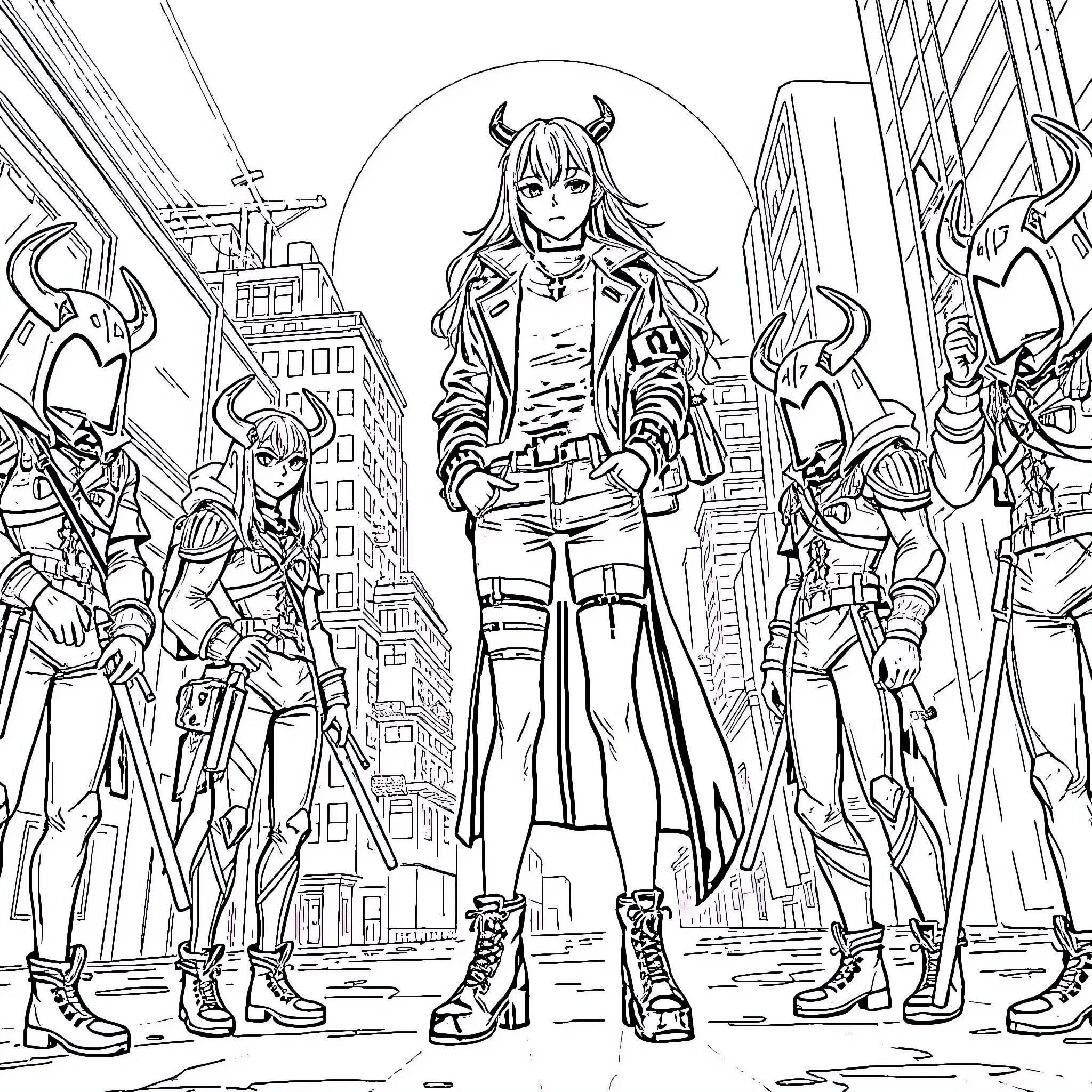 Rumi and her Eclectic Ensemble in the City Coloring Page (free black-and-white line drawing printable PDF for all, from beginners to advanced learners, including children, teens, adults, and seniors)