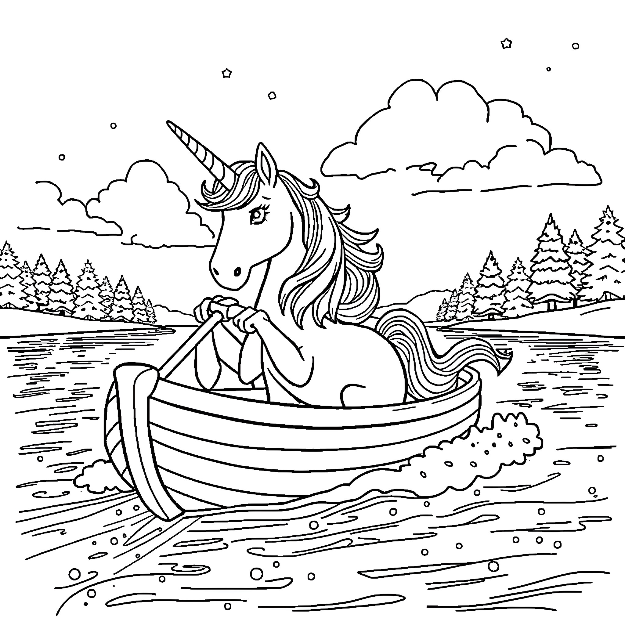 Unicorn floating peacefully in a boat on a lake Coloring Page (free black-and-white line drawing printable PDF for all, from beginners to advanced learners, including children, teens, adults, and seniors)