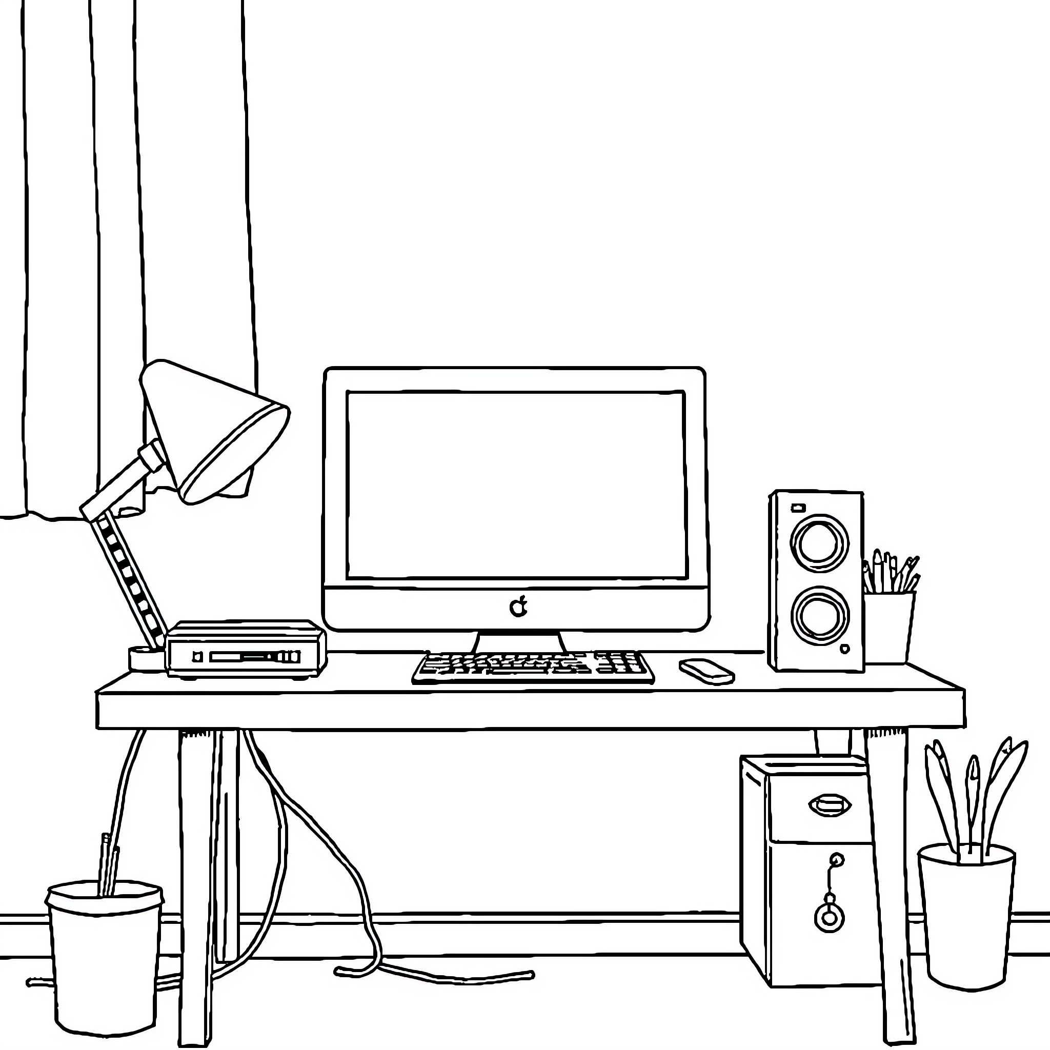 Computer Workspace with Desktop and Office Supplies Coloring Page (free black-and-white line drawing printable PDF for all, from beginners to advanced learners, including children, teens, adults, and seniors)