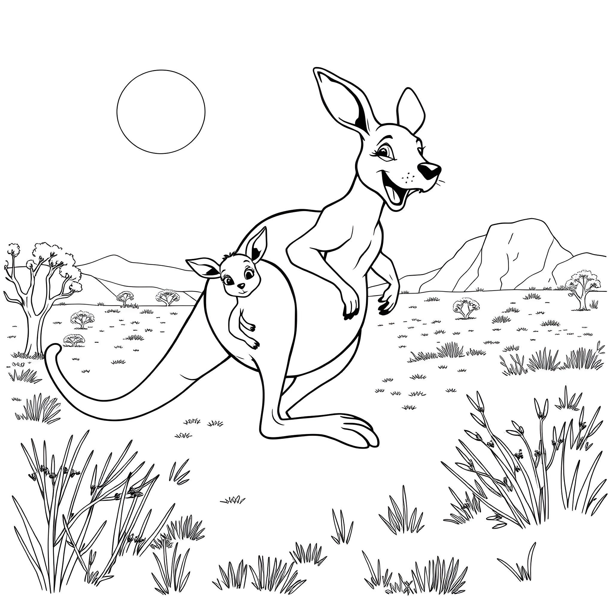Kangaroos hopping joyfully in the Australian outback Coloring Page (free black-and-white line drawing printable PDF for all, from beginners to advanced learners, including children, teens, adults, and seniors)