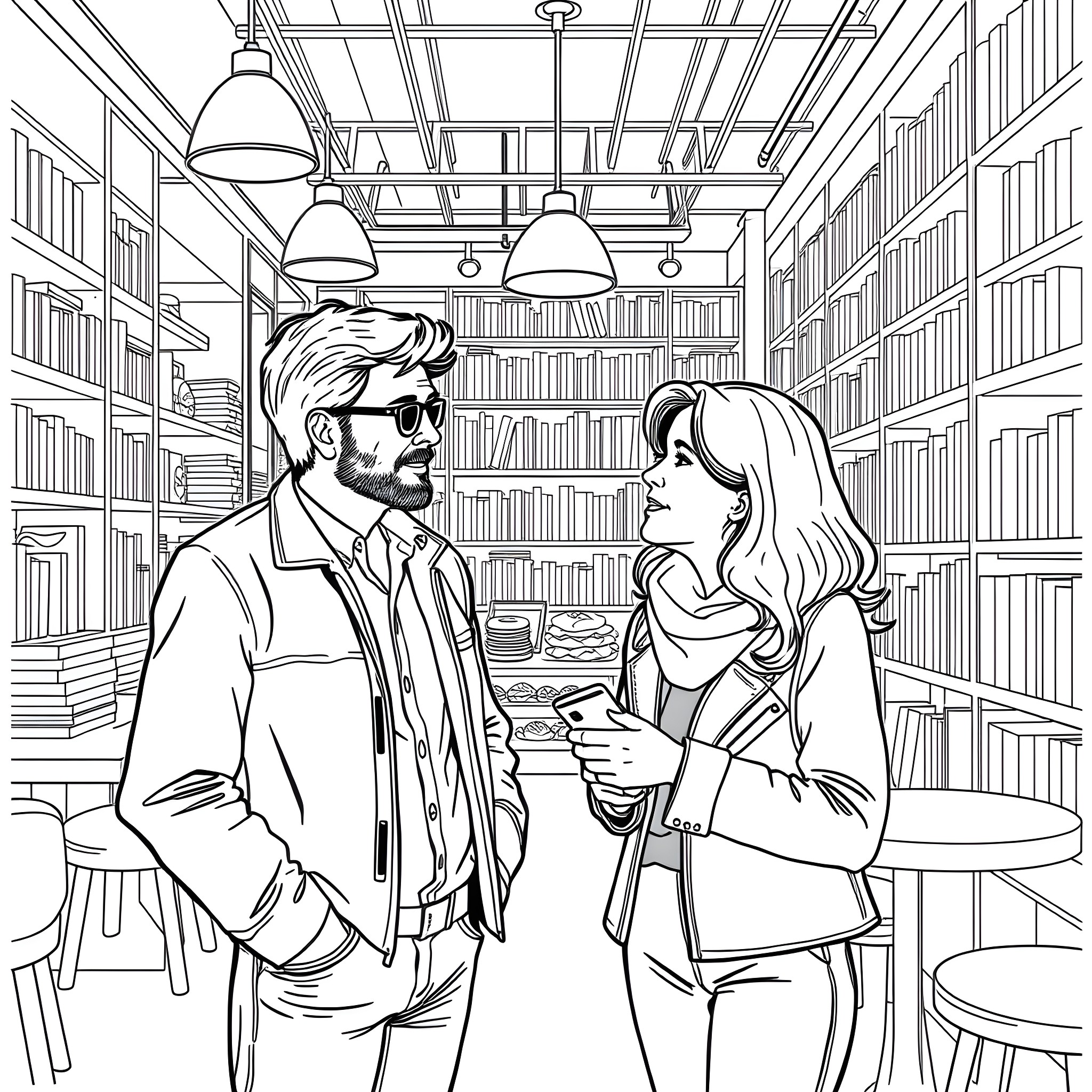 Nathan Parente's Conversation in the Library Coloring Page (free black-and-white line drawing printable PDF for all, from beginners to advanced learners, including children, teens, adults, and seniors)