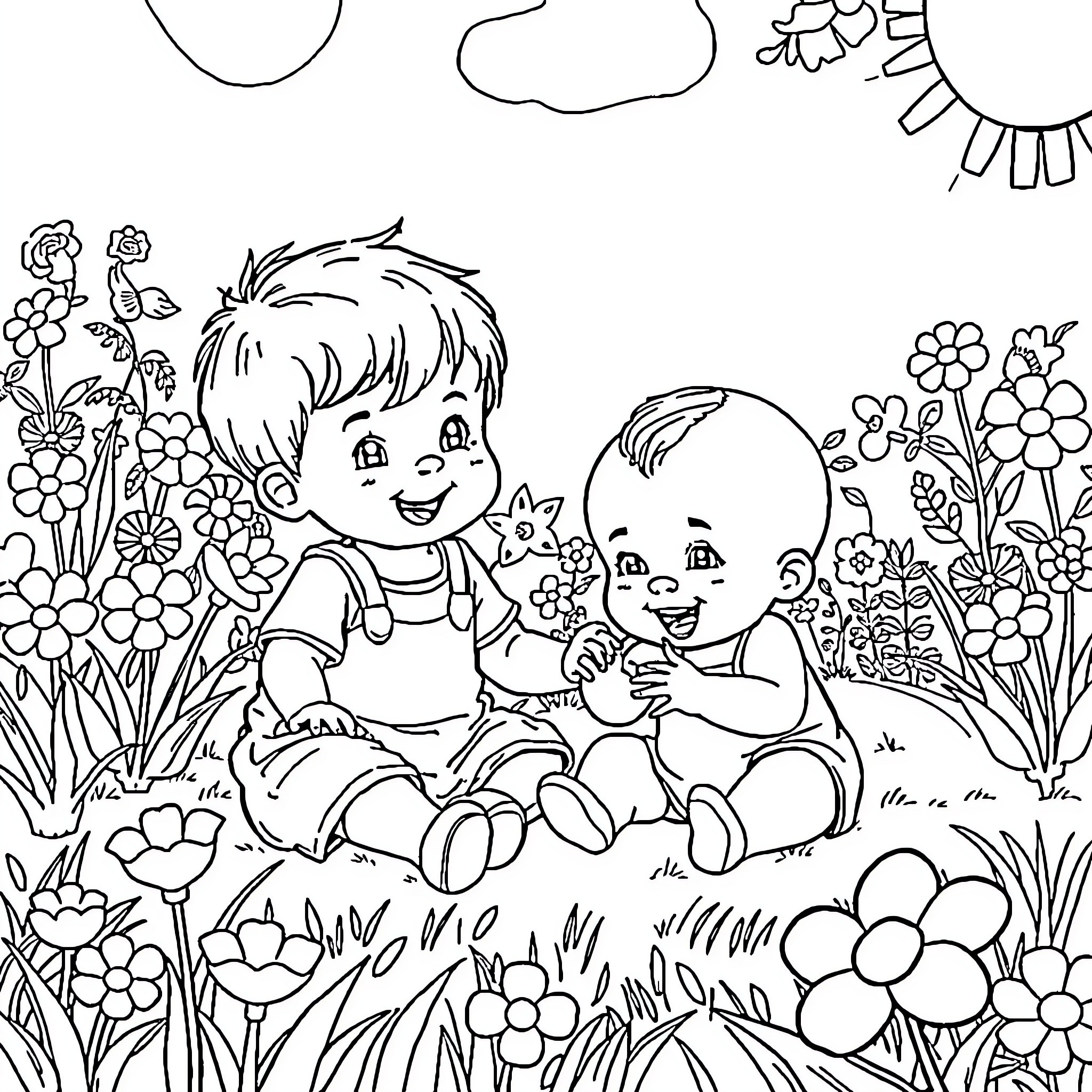 Toddlers playing happily in a flower-filled garden Coloring Page (free black-and-white line drawing printable PDF for all, from beginners to advanced learners, including children, teens, adults, and seniors)
