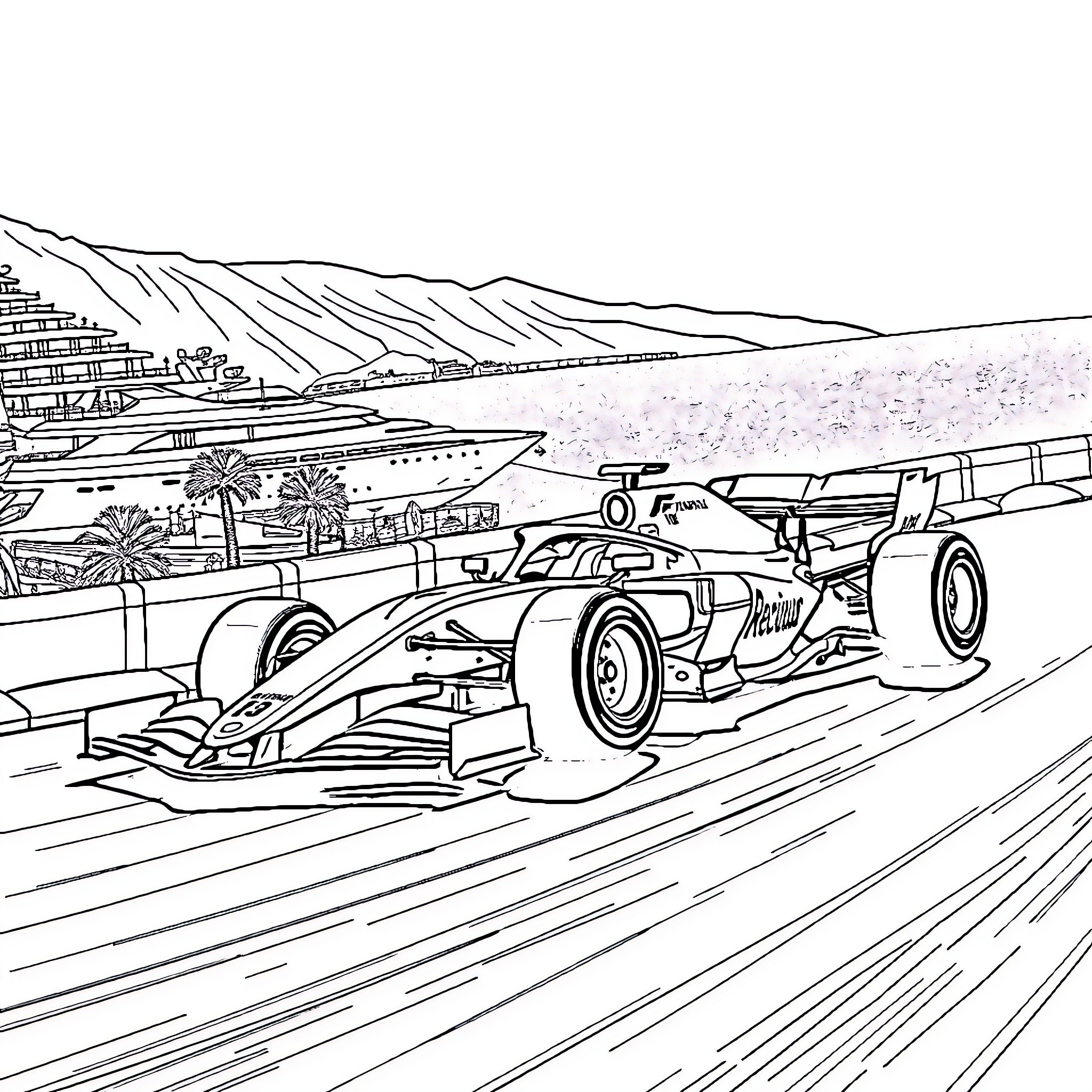Formula 1 Car Racing on the Track Coloring Page (free black-and-white line drawing printable PDF for all, from beginners to advanced learners, including children, teens, adults, and seniors)