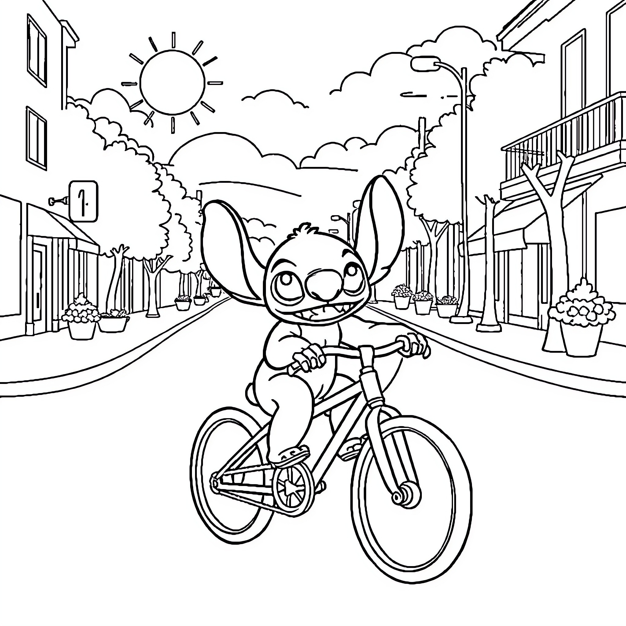 Stitch riding a bicycle on a city street Coloring Page (free black-and-white line drawing printable PDF for all, from beginners to advanced learners, including children, teens, adults, and seniors)