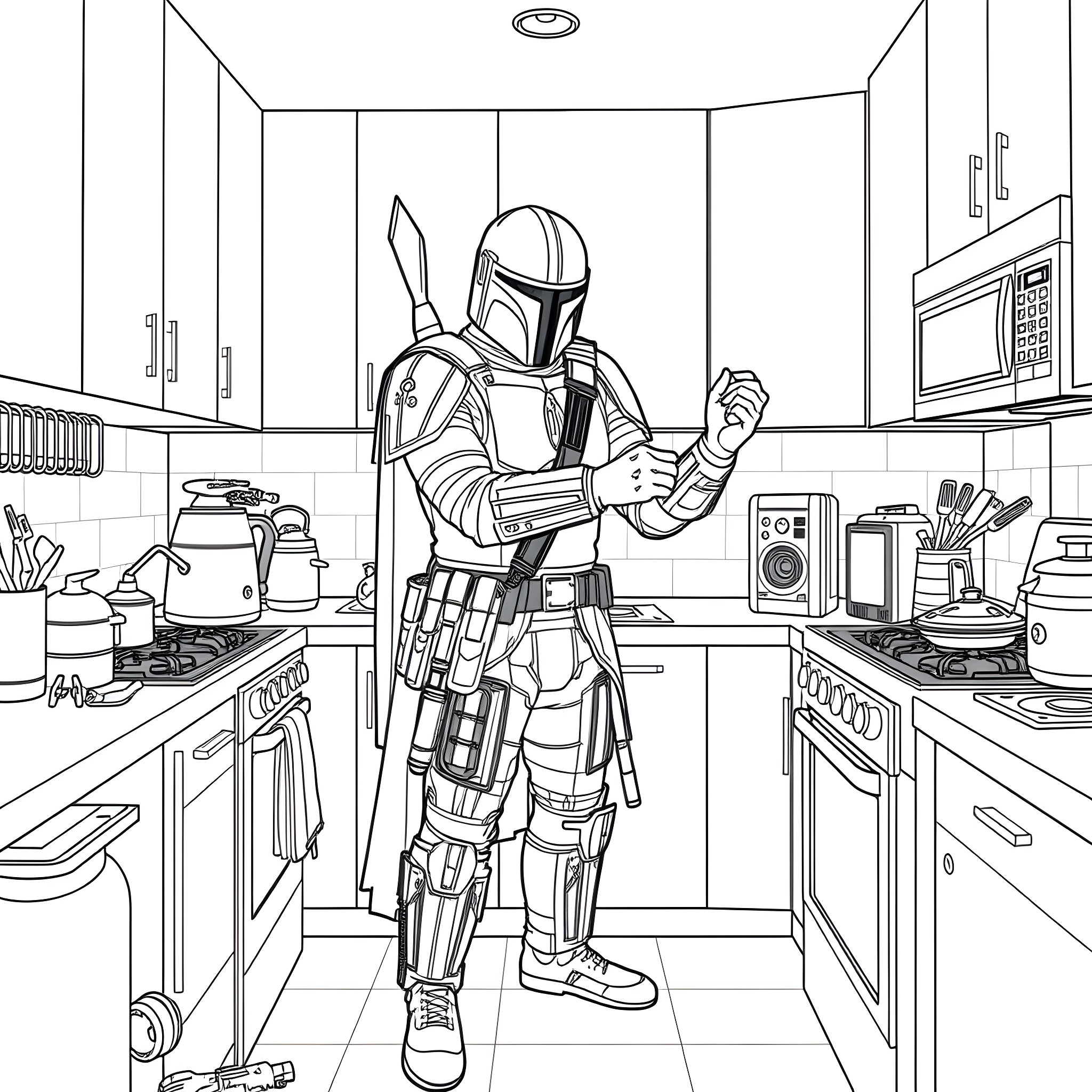 Mandalorian Standing in a Kitchen Coloring Page (free black-and-white line drawing printable PDF for all, from beginners to advanced learners, including children, teens, adults, and seniors)