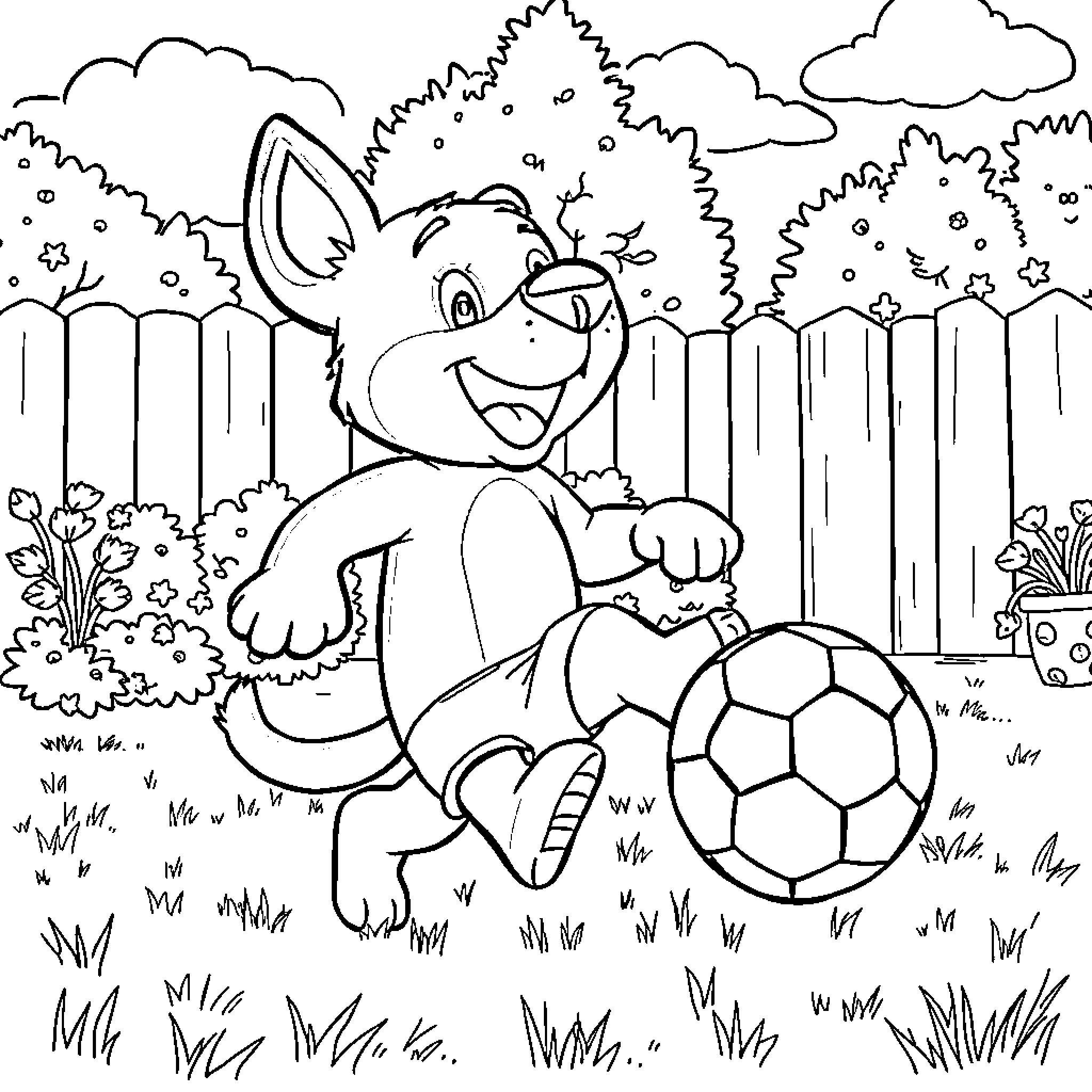 Bluey playing happily with a soccer ball in the backyard Coloring Page (free black-and-white line drawing printable PDF for all, from beginners to advanced learners, including children, teens, adults, and seniors)