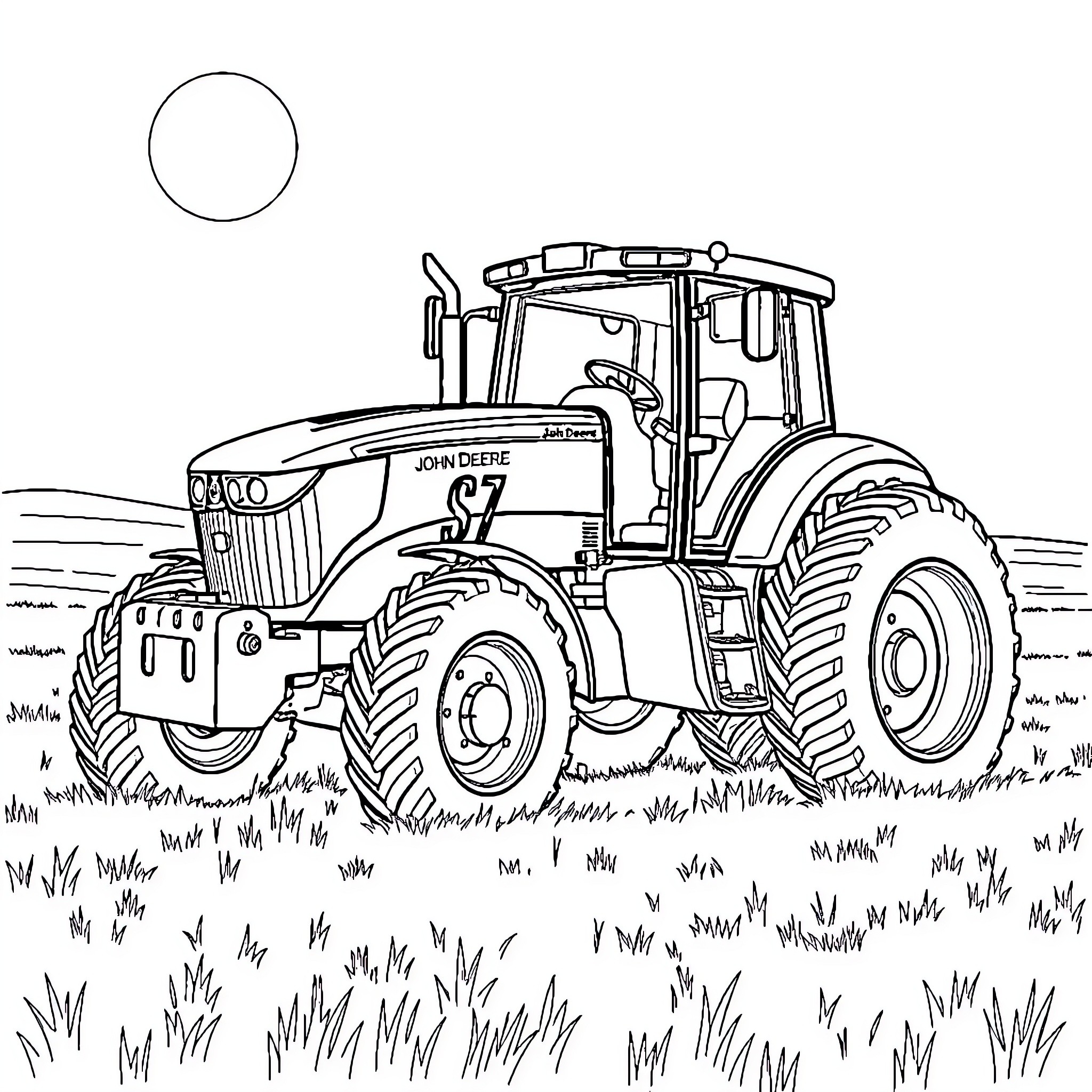 John Deere Tractor Plowing Through Grassy Field Coloring Page (free black-and-white line drawing printable PDF for all, from beginners to advanced learners, including children, teens, adults, and seniors)