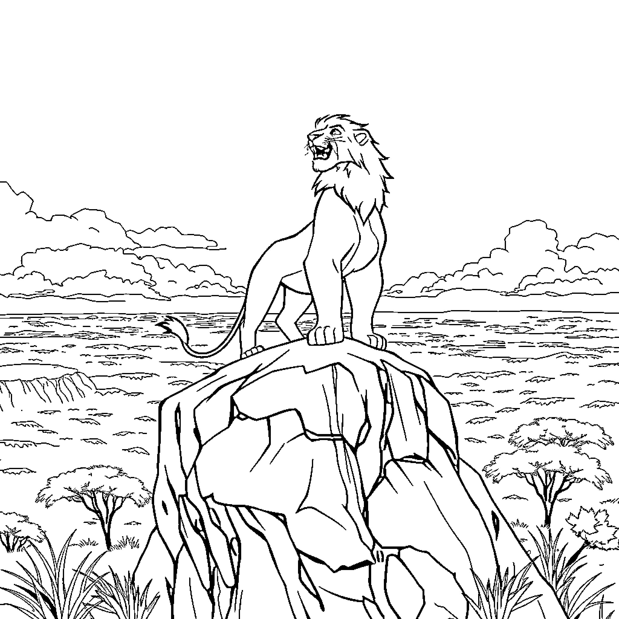 Simba roaring atop Pride Rock in the savanna Coloring Page (free black-and-white line drawing printable PDF for all, from beginners to advanced learners, including children, teens, adults, and seniors)