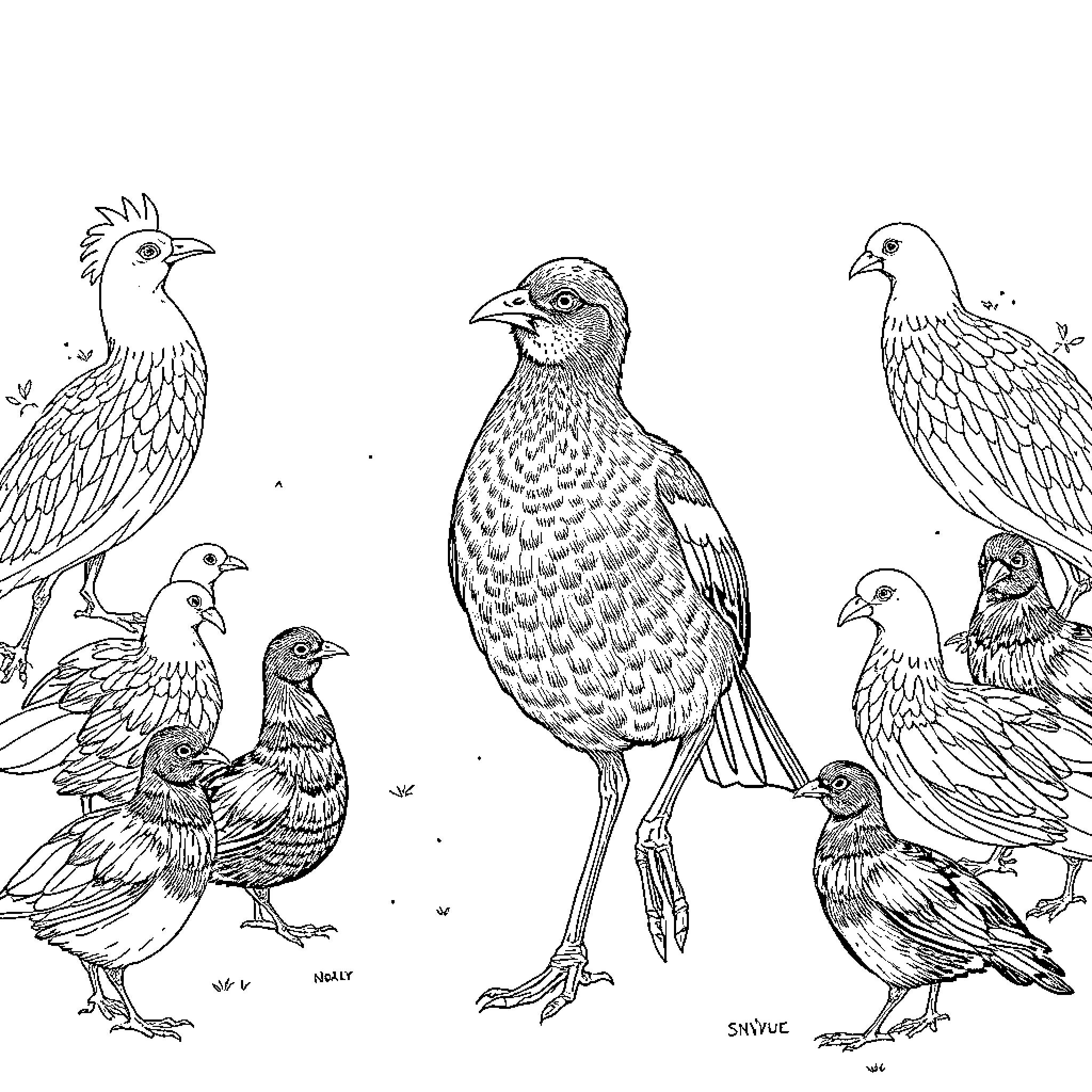 Goose gathering with various birds in a group Coloring Page (free black-and-white line drawing printable PDF for all, from beginners to advanced learners, including children, teens, adults, and seniors)