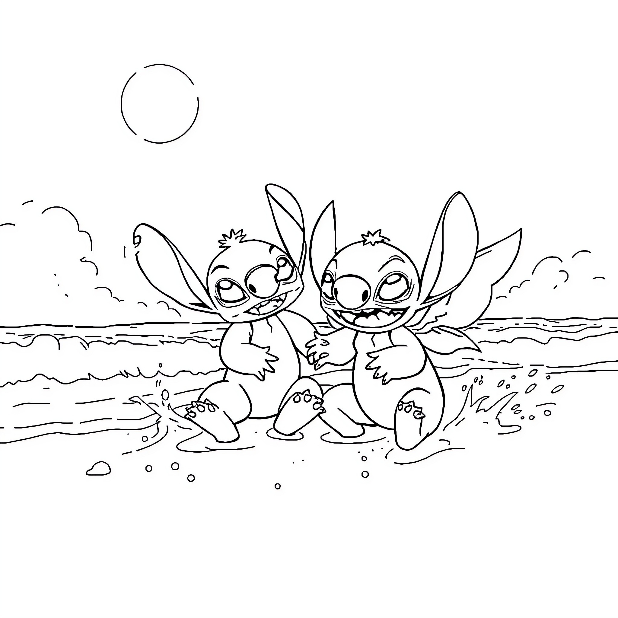 Stitch playing joyfully with friend on beach Coloring Page (free black-and-white line drawing printable PDF for all, from beginners to advanced learners, including children, teens, adults, and seniors)