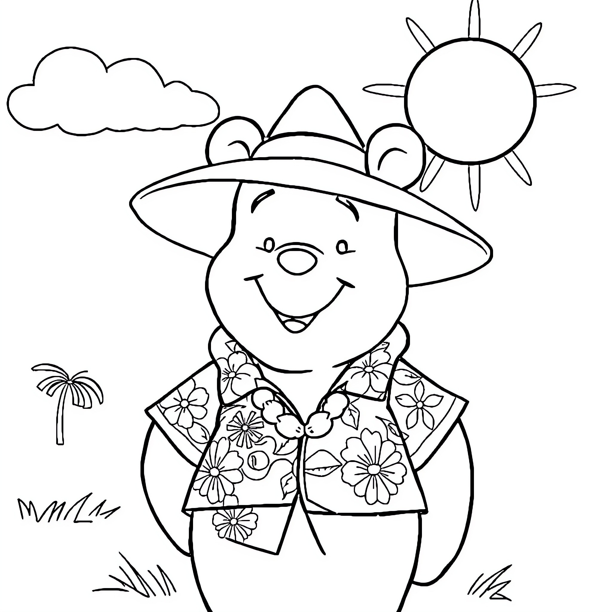 Winnie The Pooh enjoying a sunny day outdoors Coloring Page (free black-and-white line drawing printable PDF for all, from beginners to advanced learners, including children, teens, adults, and seniors)