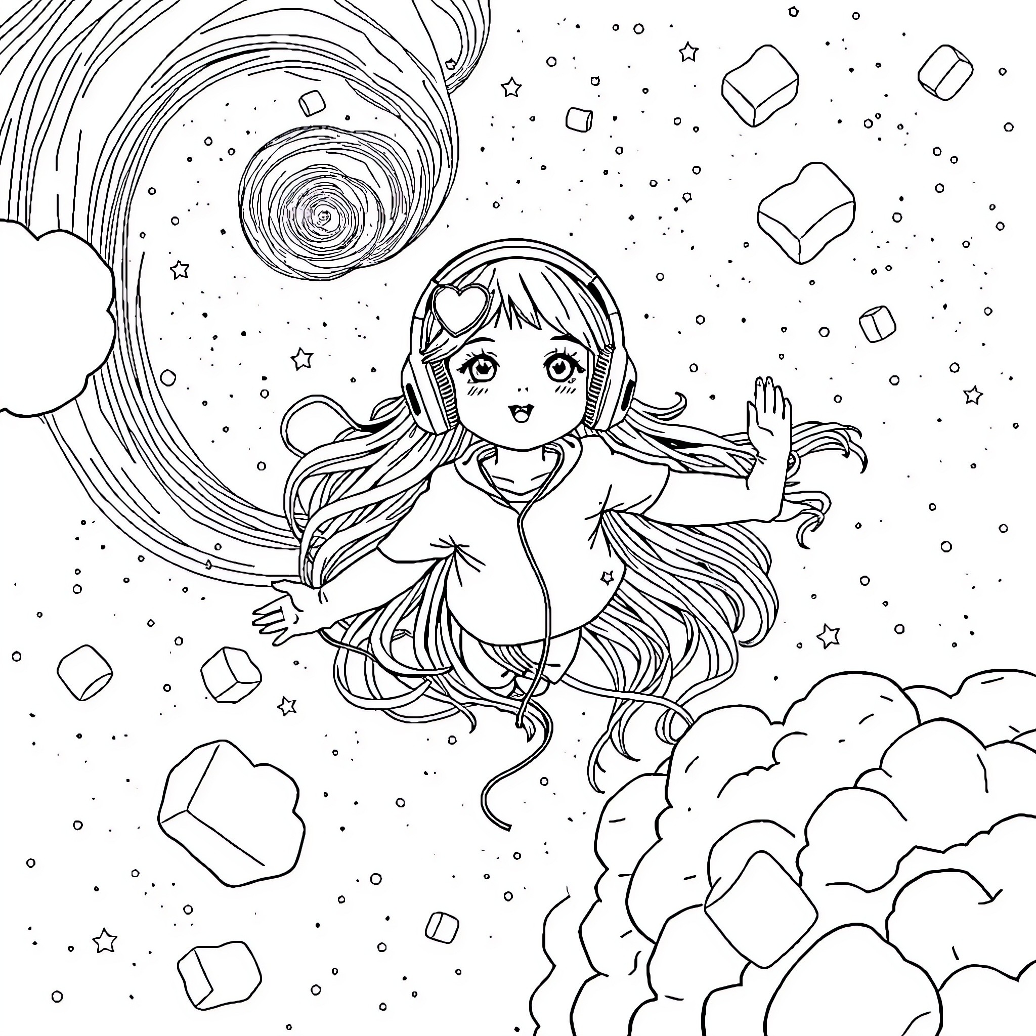 Girl in a whimsical cosmic scene Coloring Page (free black-and-white line drawing printable PDF for all, from beginners to advanced learners, including children, teens, adults, and seniors)