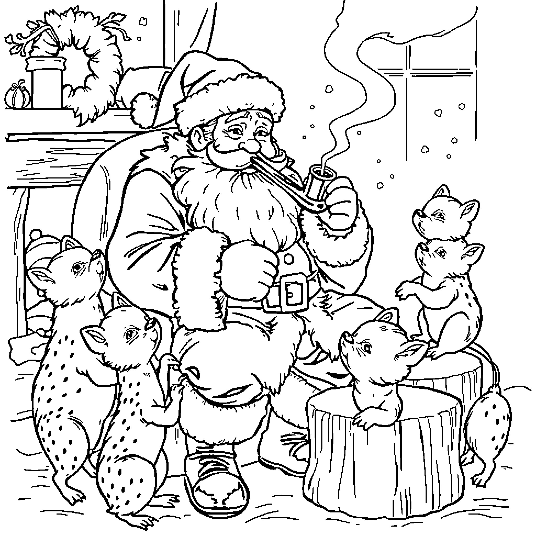 Santa Claus surrounded by playful forest animals Coloring Page (free black-and-white line drawing printable PDF for all, from beginners to advanced learners, including children, teens, adults, and seniors)