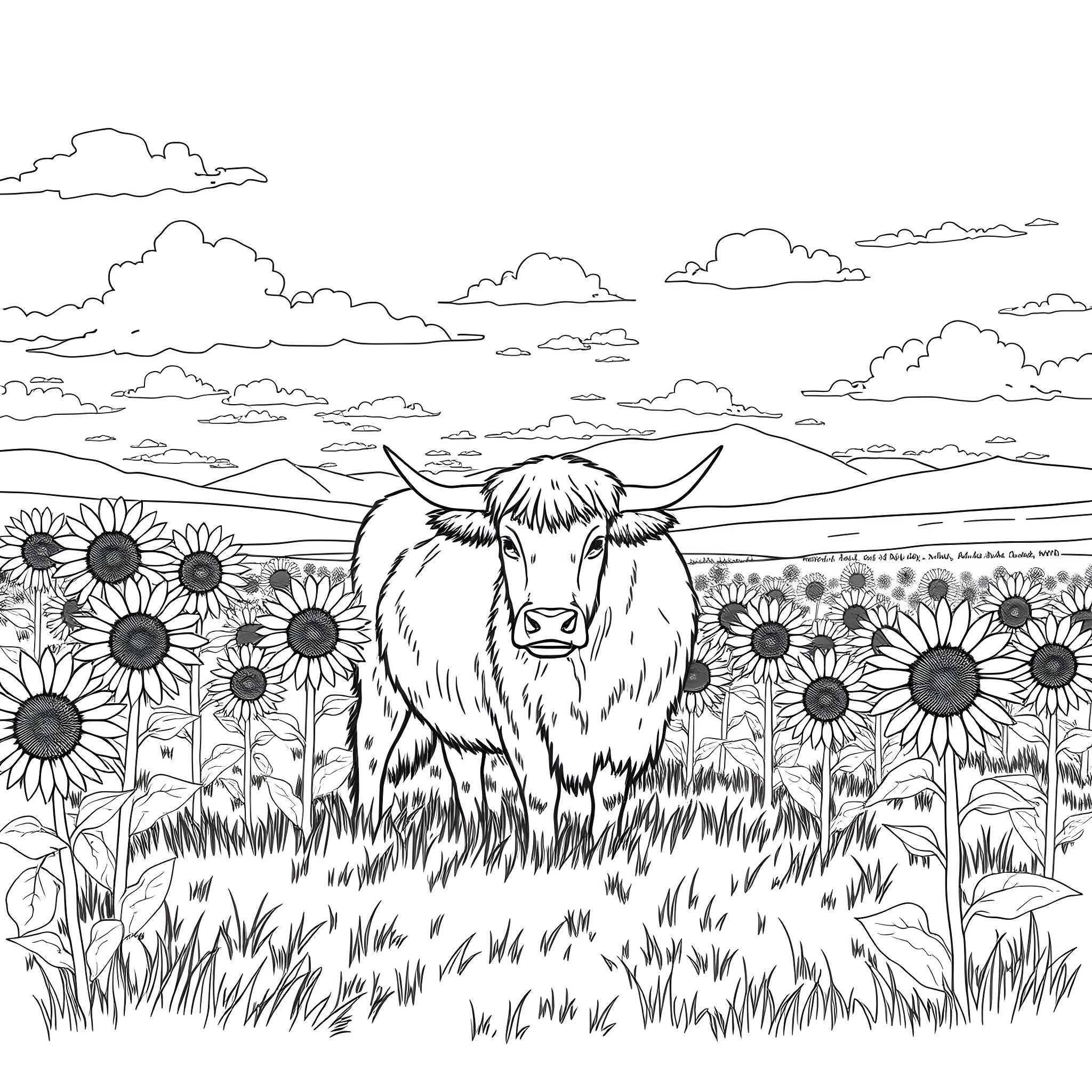 Highland Cow standing amidst a field of sunflowers Coloring Page (free black-and-white line drawing printable PDF for all, from beginners to advanced learners, including children, teens, adults, and seniors)
