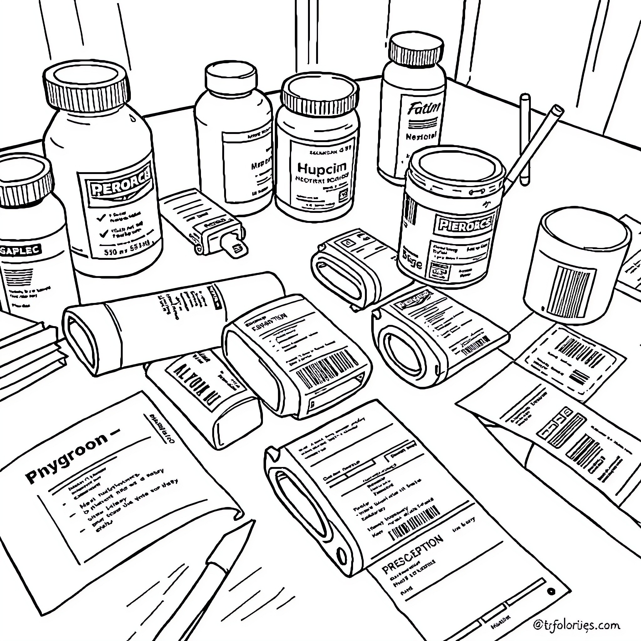 Prescription Label with Various Medication Bottles and Packaging Coloring Page (free black-and-white line drawing printable PDF for all, from beginners to advanced learners, including children, teens, adults, and seniors)