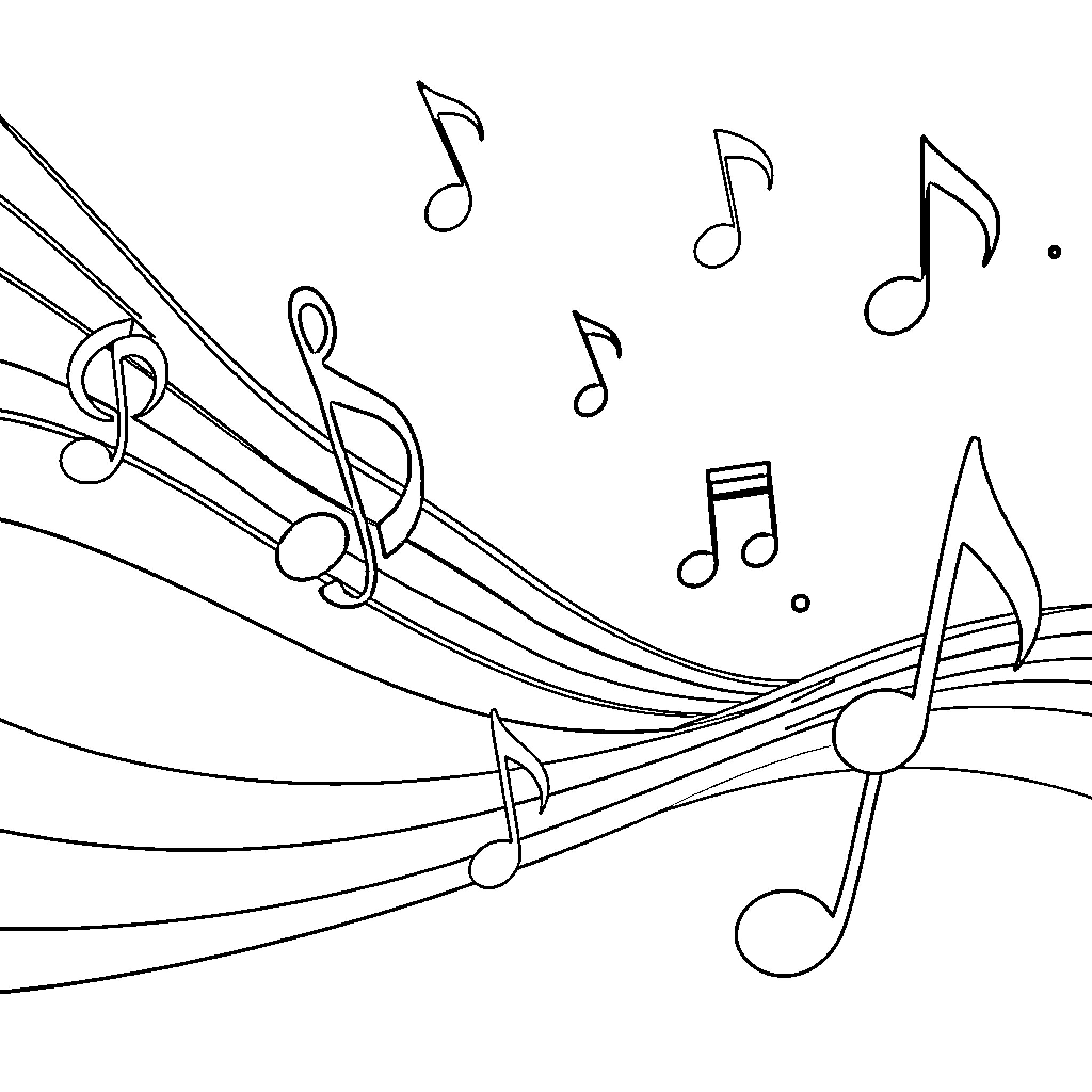 Music Note Artistic Illustration with Flowing Symbols Coloring Page (free black-and-white line drawing printable PDF for all, from beginners to advanced learners, including children, teens, adults, and seniors)