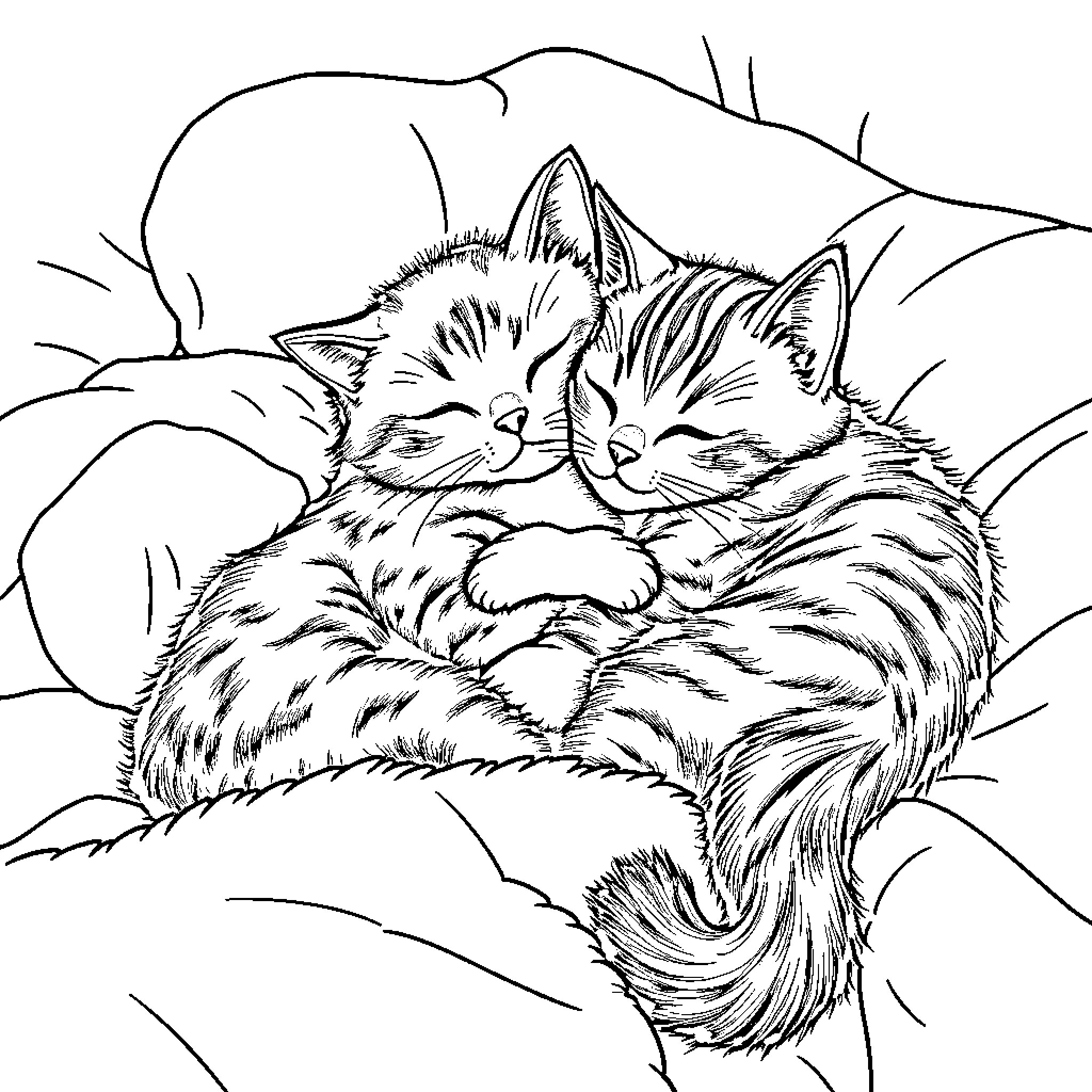 Cats cuddling peacefully in the nest Coloring Page (free black-and-white line drawing printable PDF for all, from beginners to advanced learners, including children, teens, adults, and seniors)