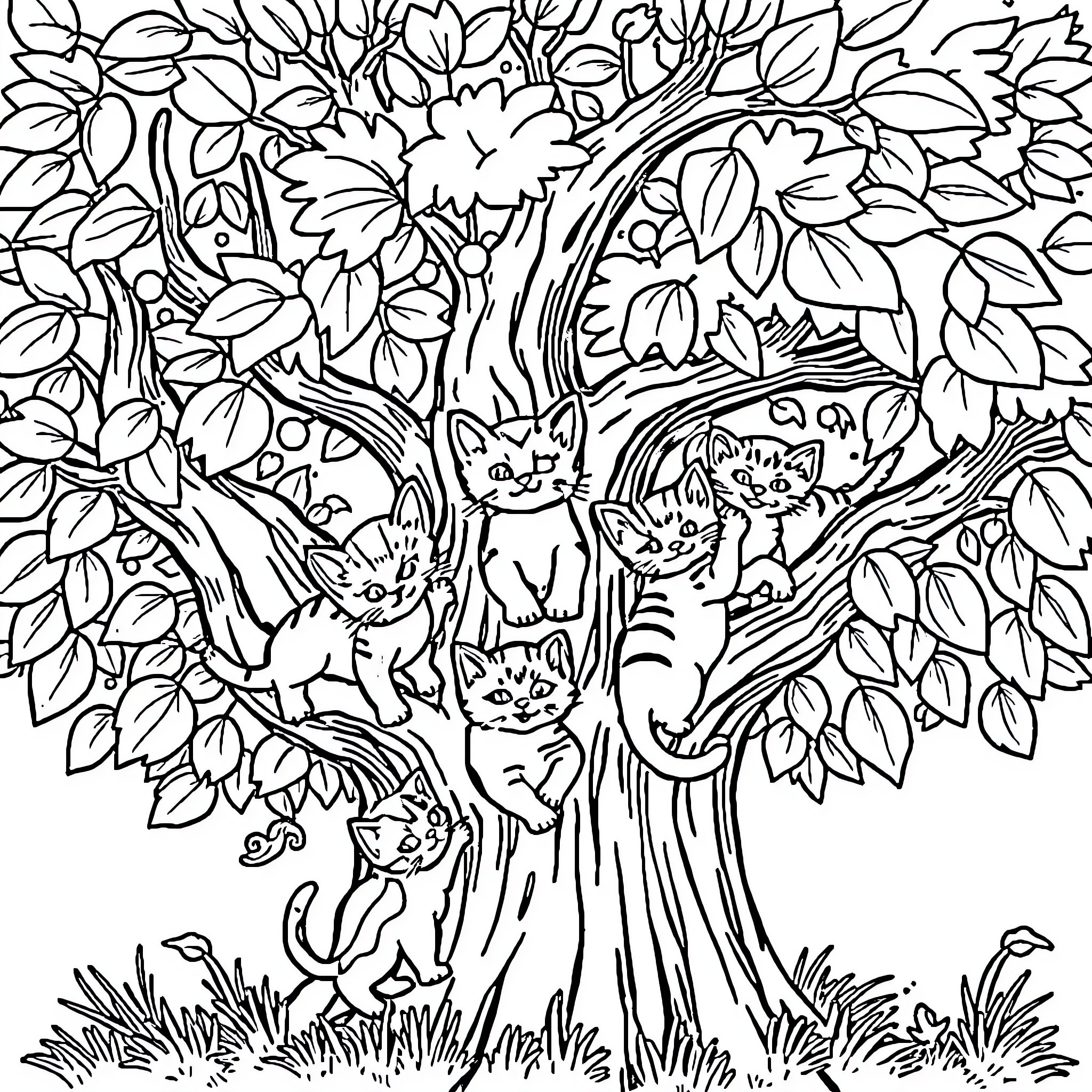 Kittens Playfully Exploring a Lush Foliage Tree Coloring Page (free black-and-white line drawing printable PDF for all, from beginners to advanced learners, including children, teens, adults, and seniors)