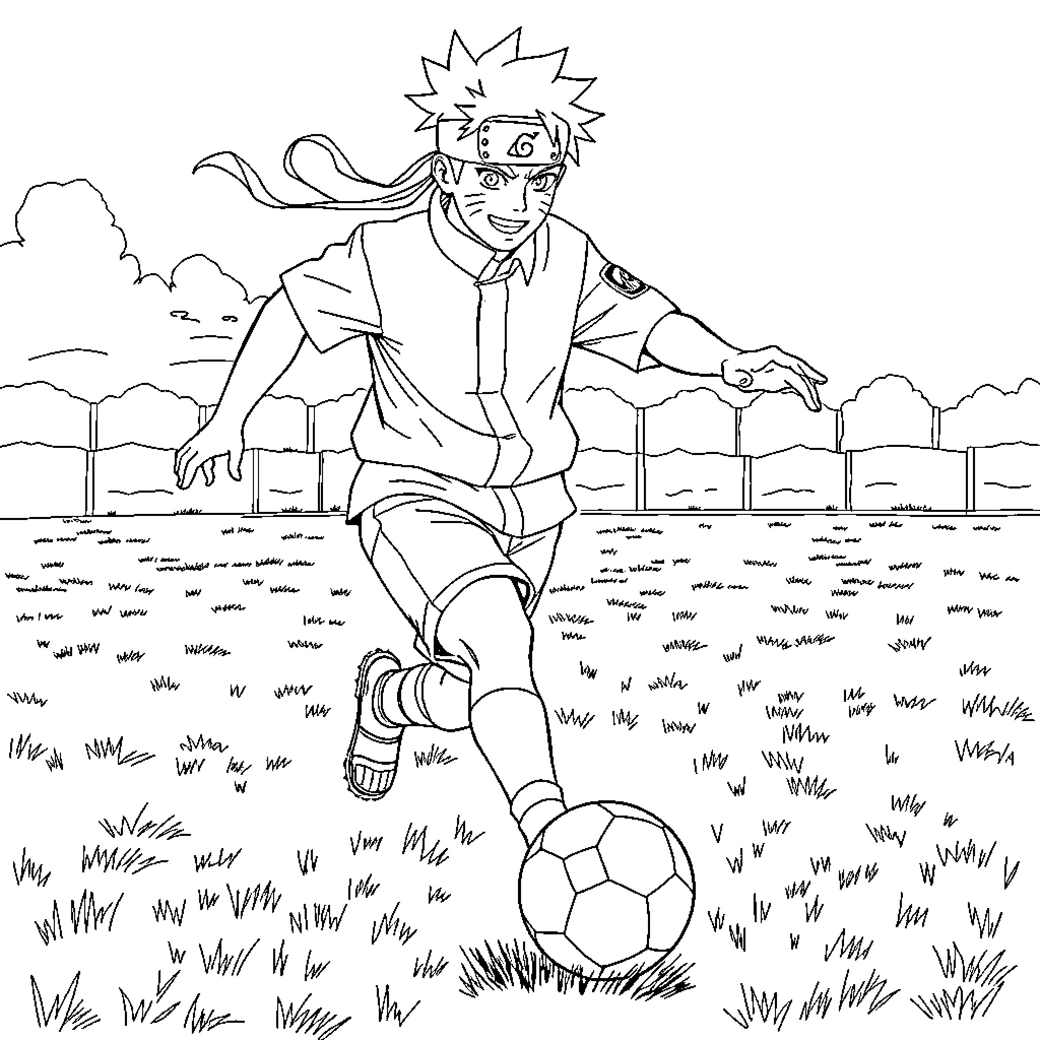 Naruto playing soccer in the countryside Coloring Page (free black-and-white line drawing printable PDF for all, from beginners to advanced learners, including children, teens, adults, and seniors)