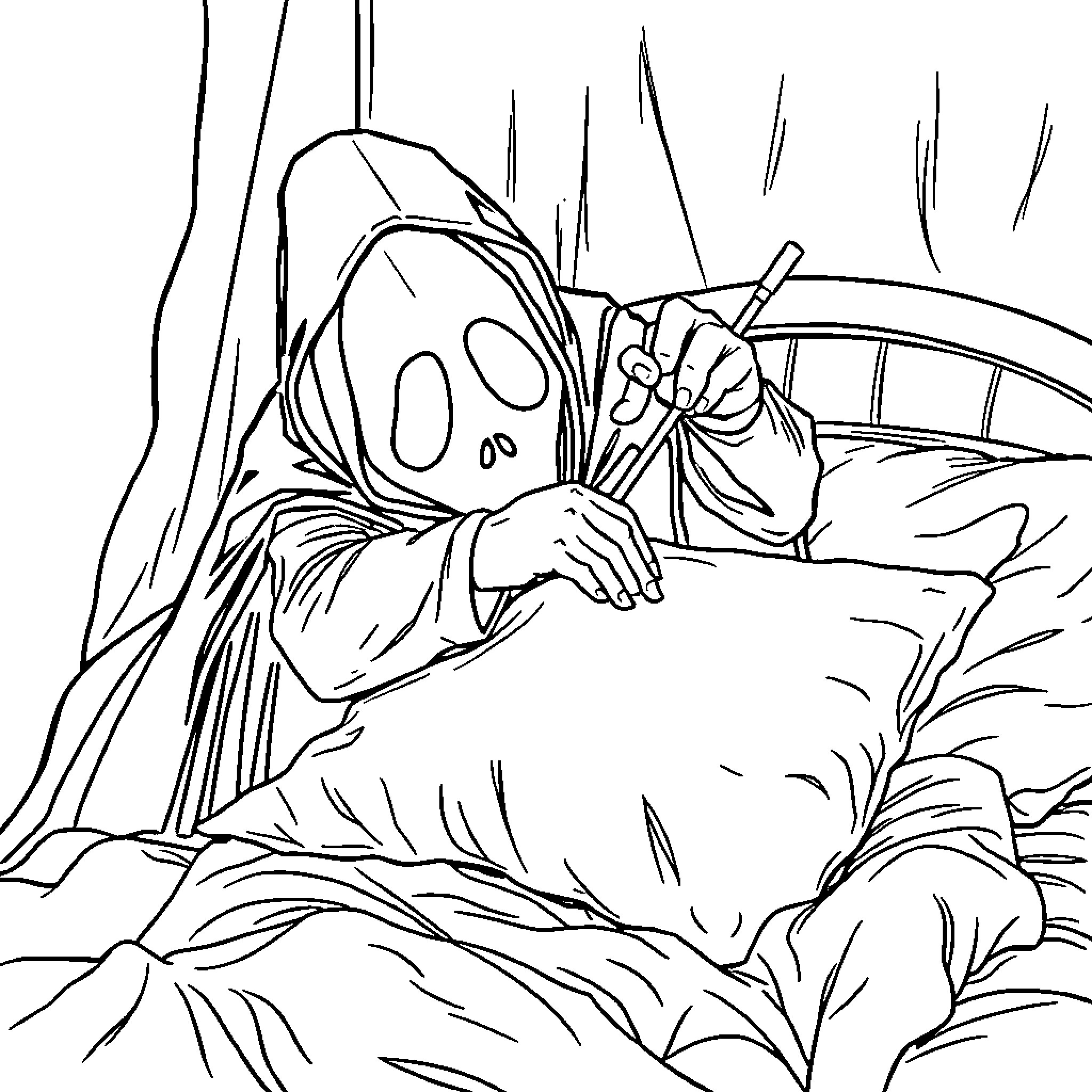 Ghostface Lurking in the Shadows Coloring Page (free black-and-white line drawing printable PDF for all, from beginners to advanced learners, including children, teens, adults, and seniors)