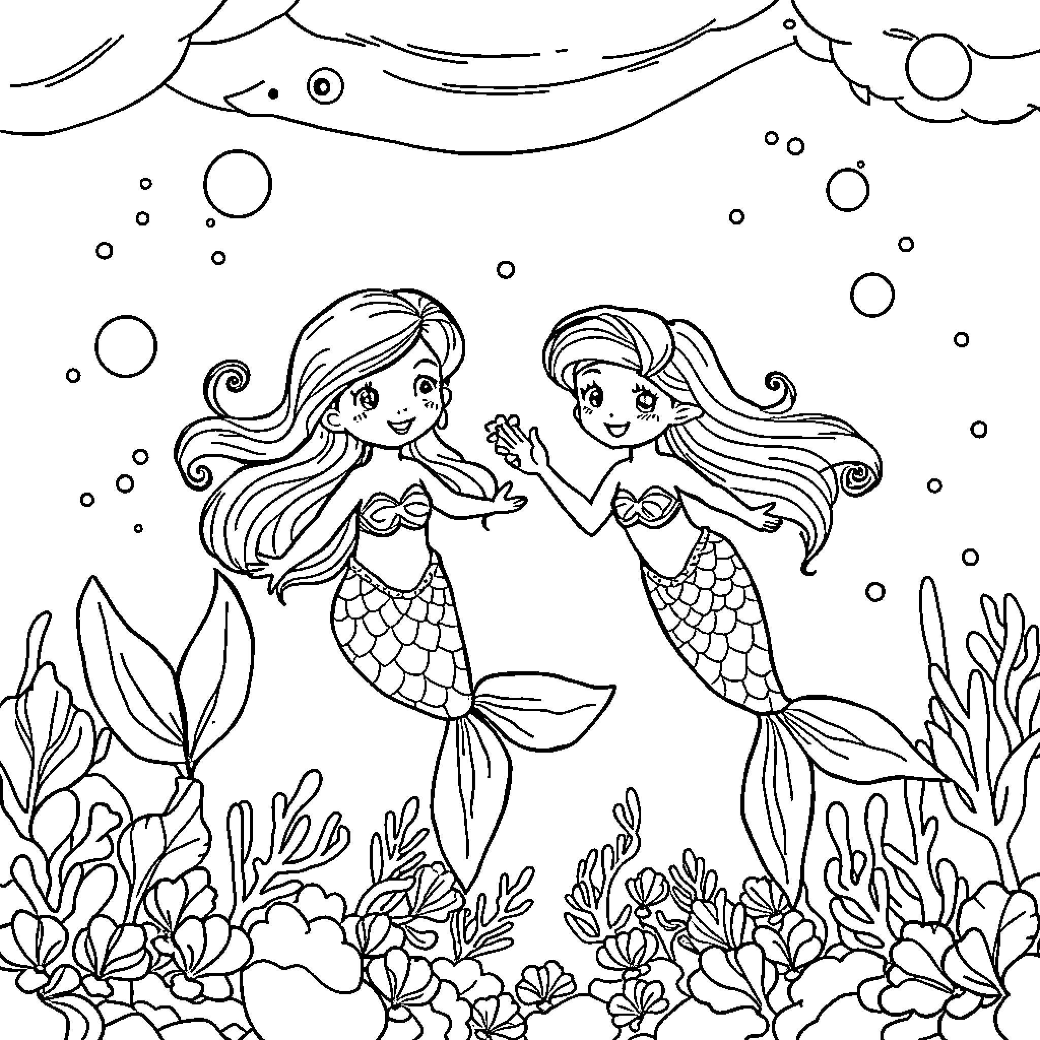 Mermaid friends enjoying a day in the underwater sea Coloring Page (free black-and-white line drawing printable PDF for all, from beginners to advanced learners, including children, teens, adults, and seniors)