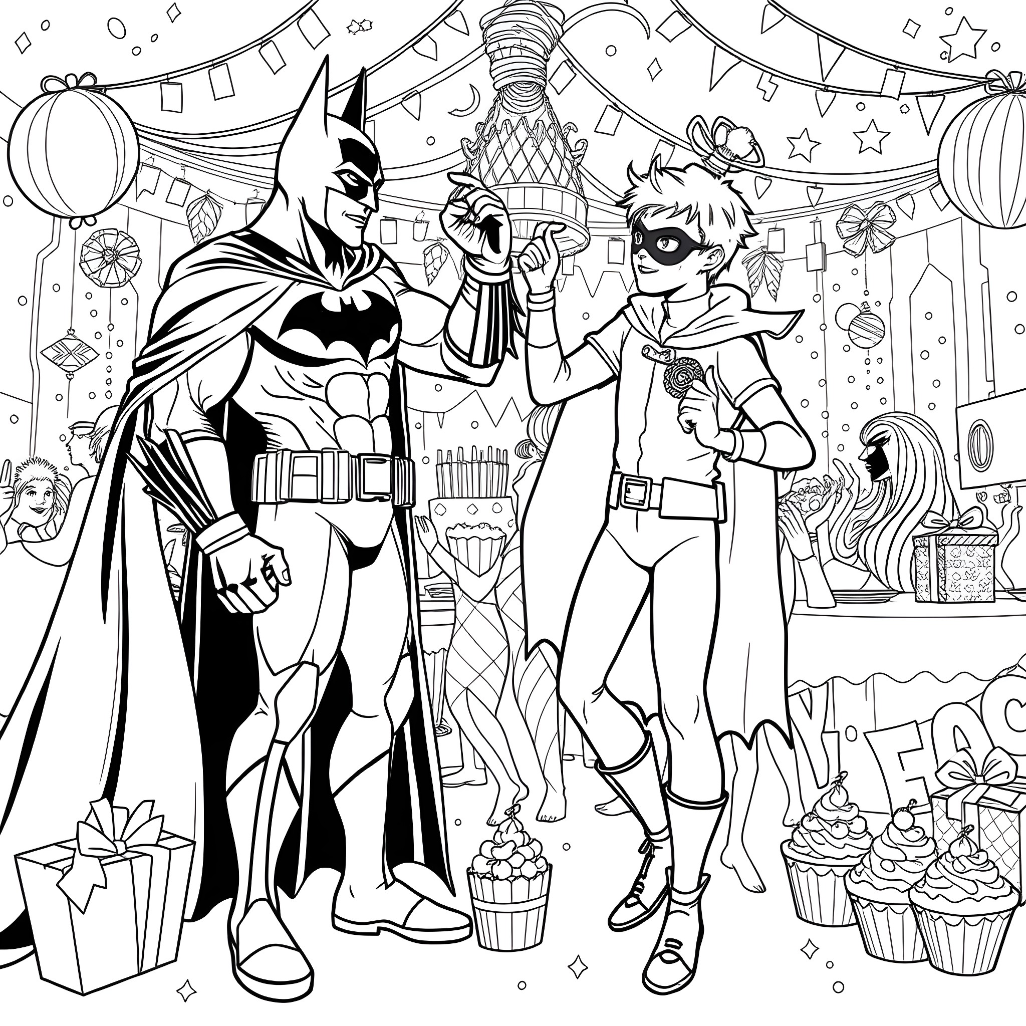 Batman and Robin Enjoying a Party Together Coloring Page (free black-and-white line drawing printable PDF for all, from beginners to advanced learners, including children, teens, adults, and seniors)