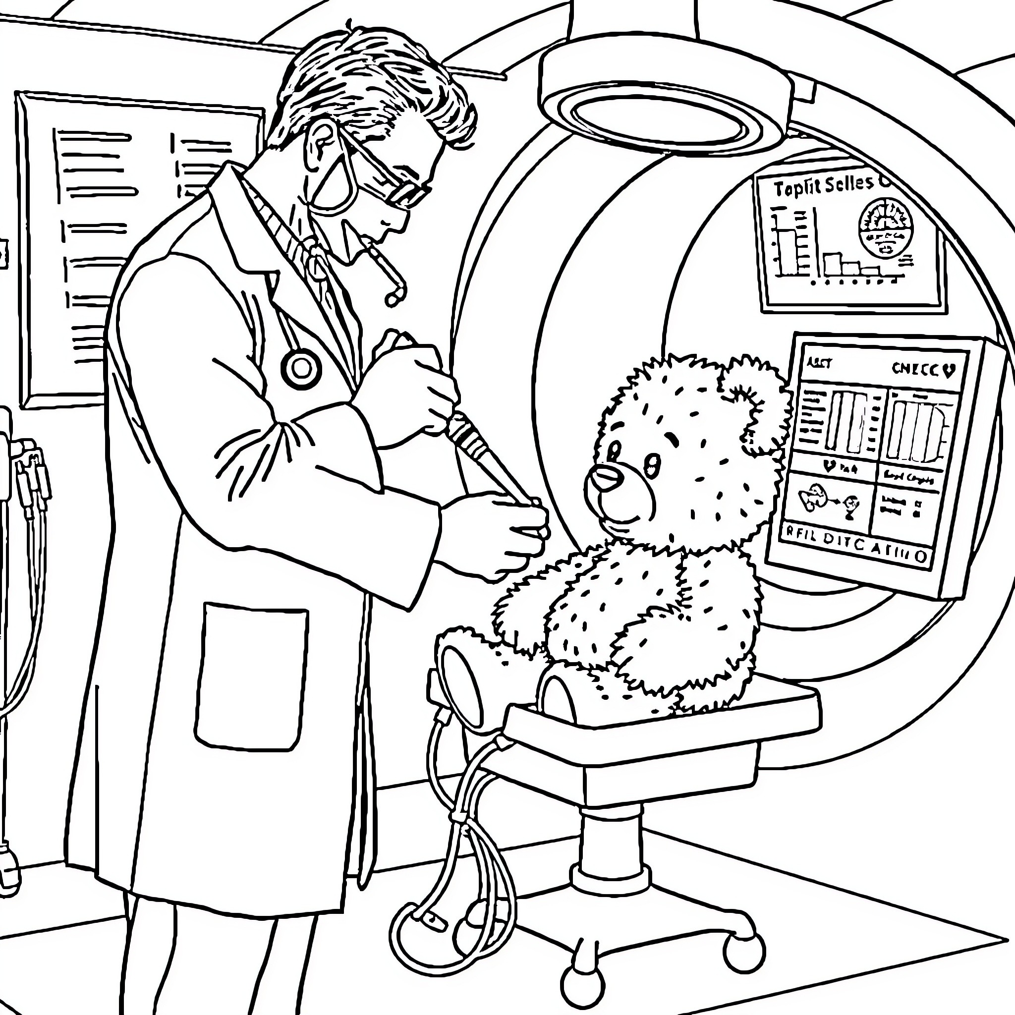 Gastroenterologist examining a patient in the medical office Coloring Page (free black-and-white line drawing printable PDF for all, from beginners to advanced learners, including children, teens, adults, and seniors)