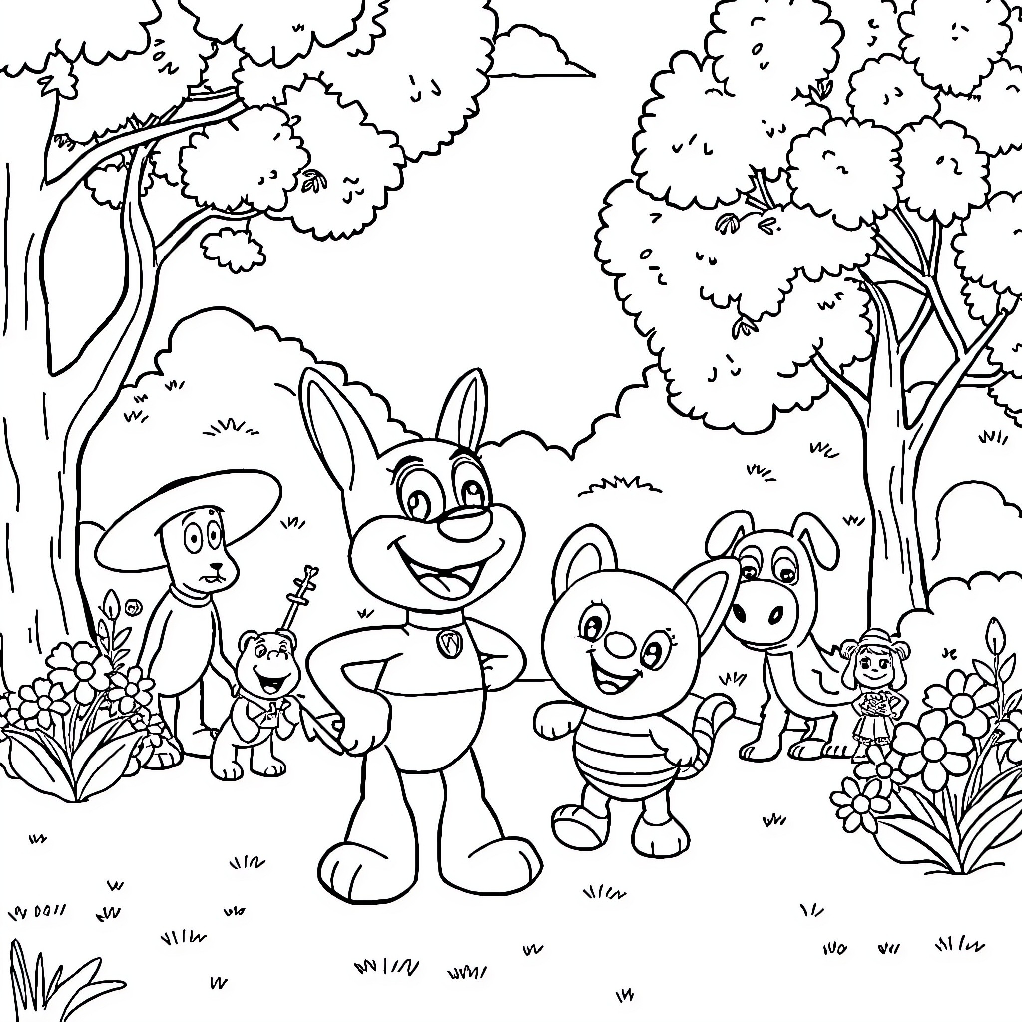 Bluey and Friends Explore the Enchanted Forest Coloring Page (free black-and-white line drawing printable PDF for all, from beginners to advanced learners, including children, teens, adults, and seniors)