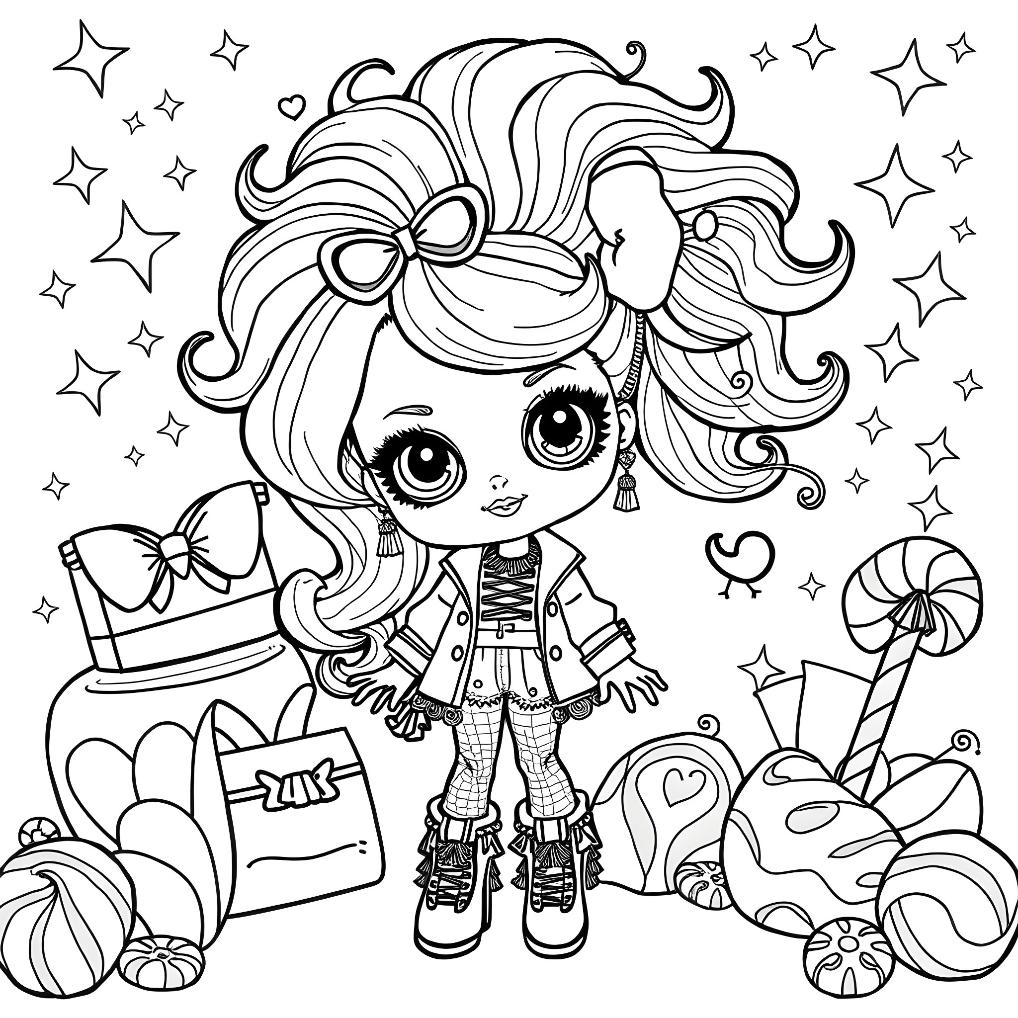 Lol Omg Doll in Colorful and Playful Outfit Coloring Page (free black-and-white line drawing printable PDF for all, from beginners to advanced learners, including children, teens, adults, and seniors)