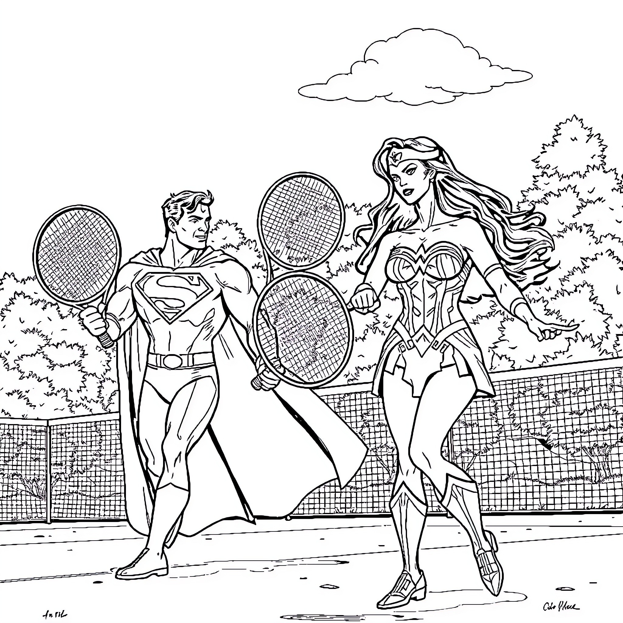 Superman and Wonder Woman playing tennis on the court Coloring Page (free black-and-white line drawing printable PDF for all, from beginners to advanced learners, including children, teens, adults, and seniors)