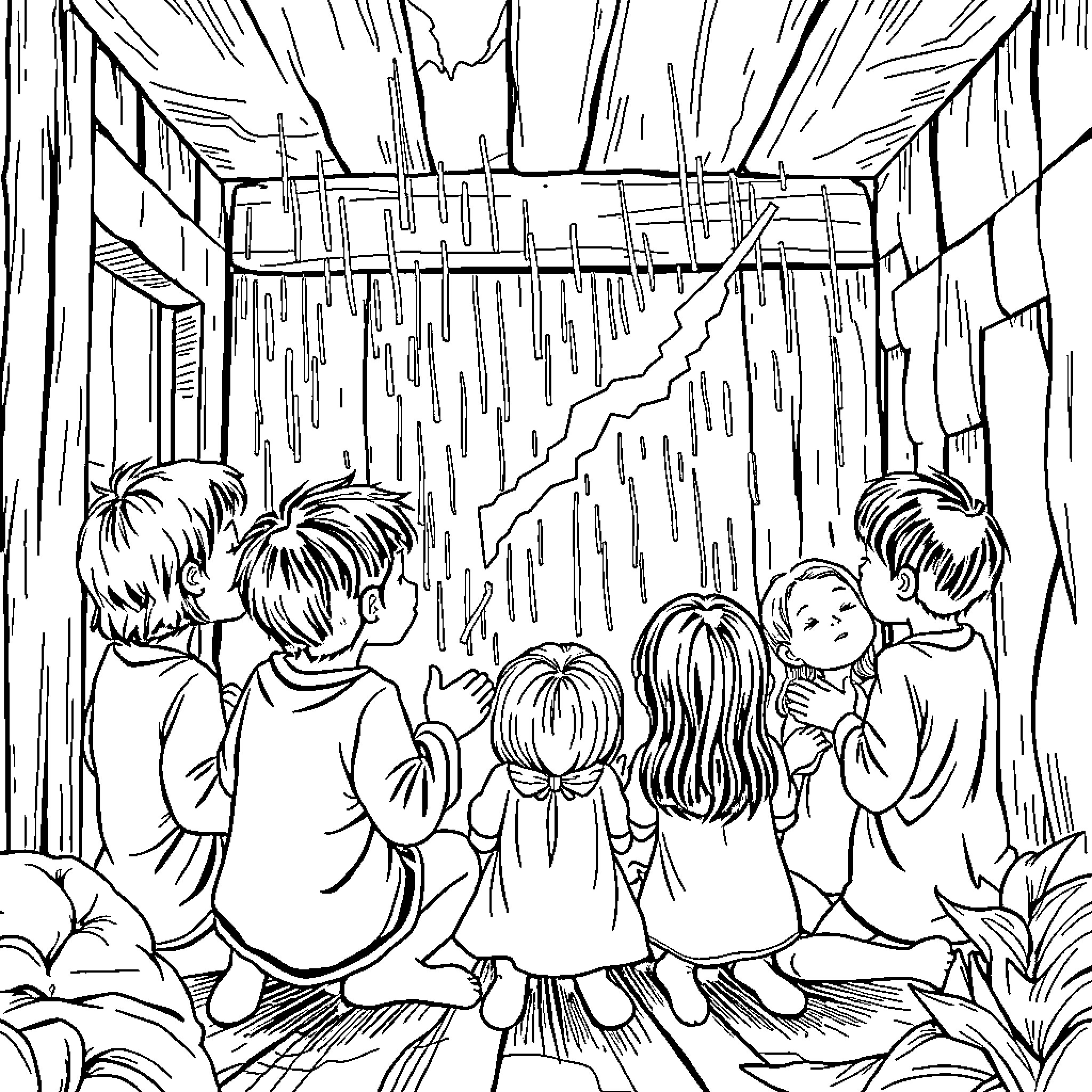Children Huddled Together in a Storm Coloring Page (free black-and-white line drawing printable PDF for all, from beginners to advanced learners, including children, teens, adults, and seniors)