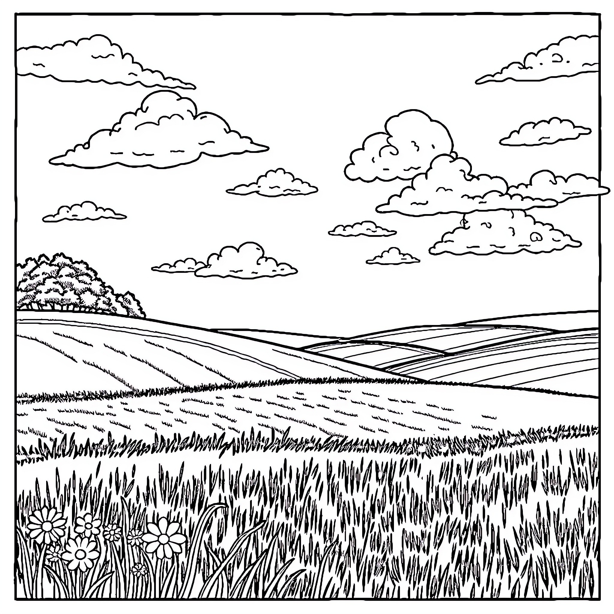 Summer scenery of idyllic countryside landscape Coloring Page (free black-and-white line drawing printable PDF for all, from beginners to advanced learners, including children, teens, adults, and seniors)