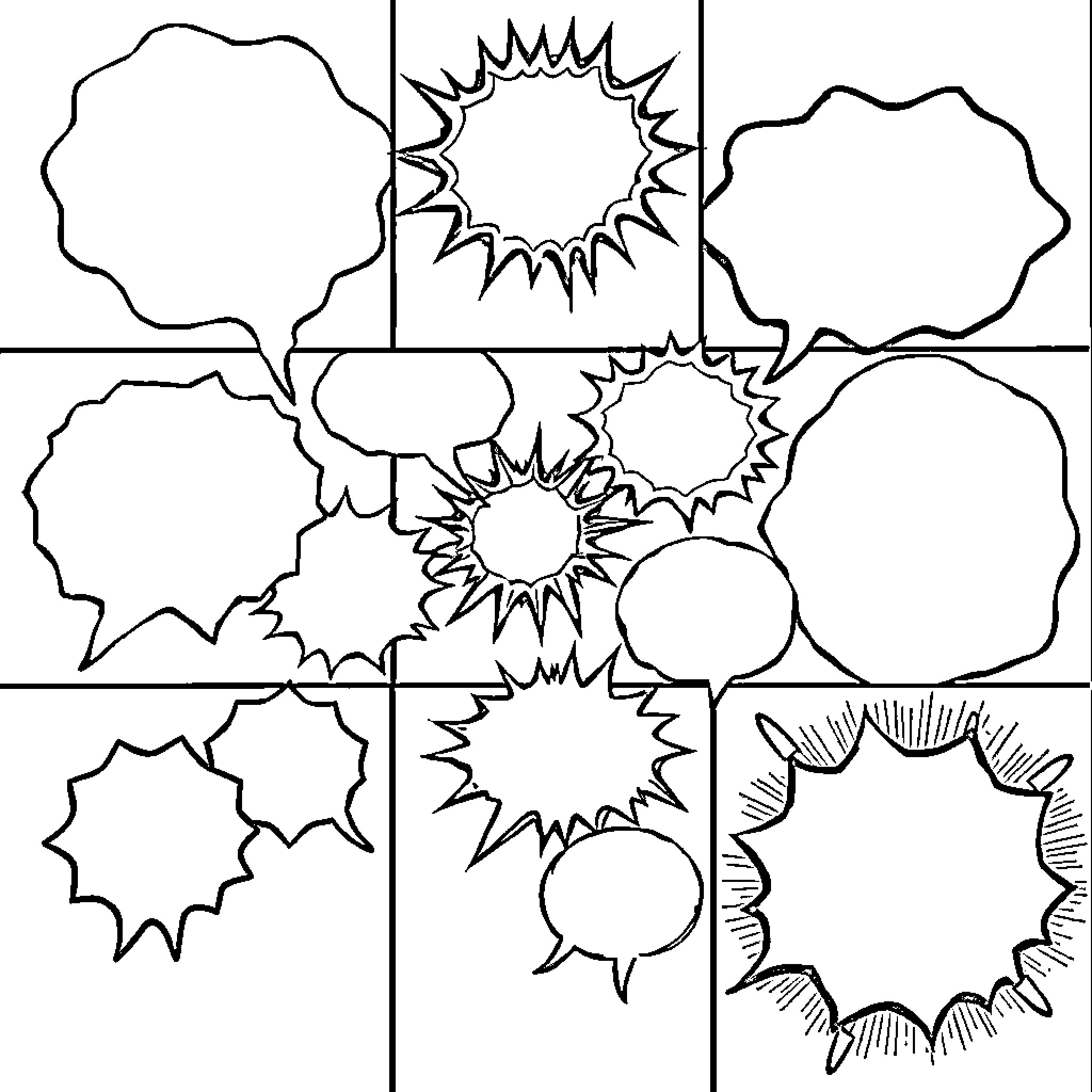 Speech Bubble Shapes and Styles Coloring Page (free black-and-white line drawing printable PDF for all, from beginners to advanced learners, including children, teens, adults, and seniors)