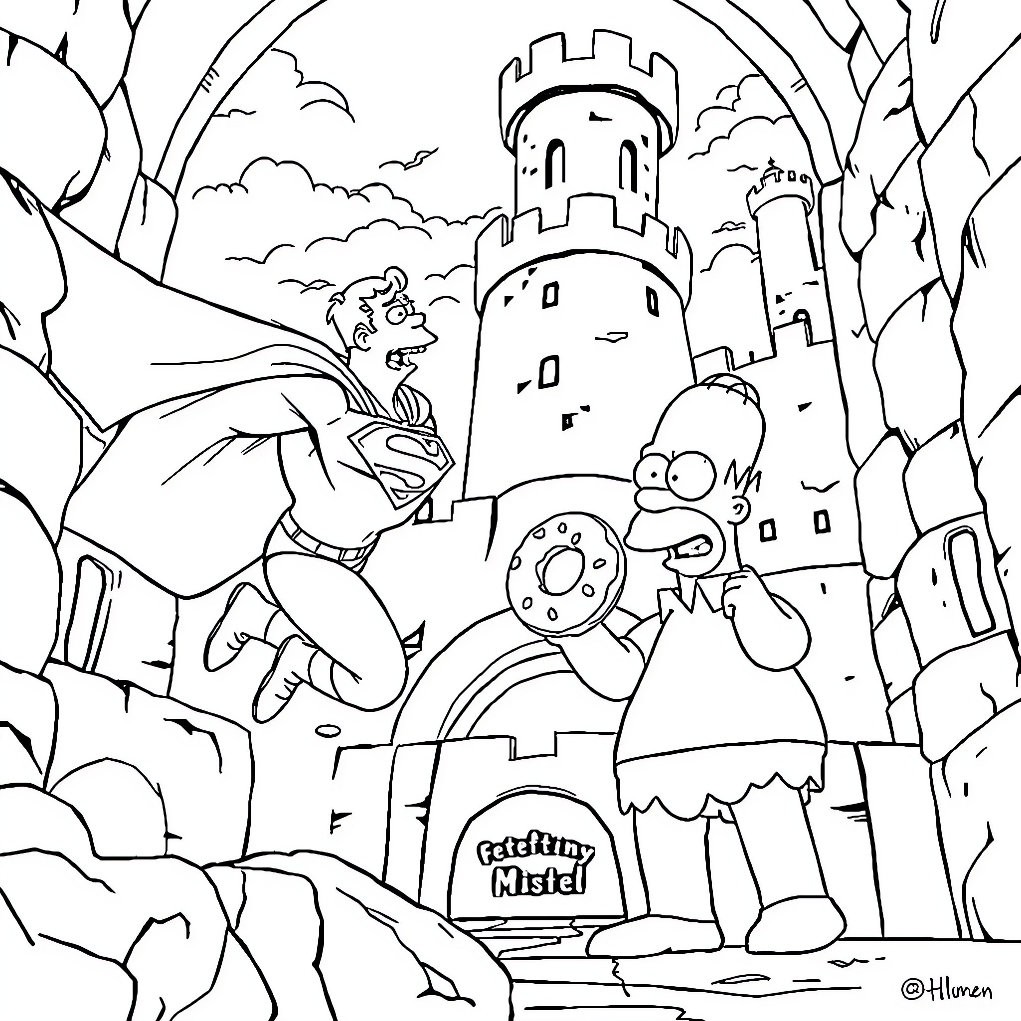 Superman battling enemies near a castle Coloring Page (free black-and-white line drawing printable PDF for all, from beginners to advanced learners, including children, teens, adults, and seniors)