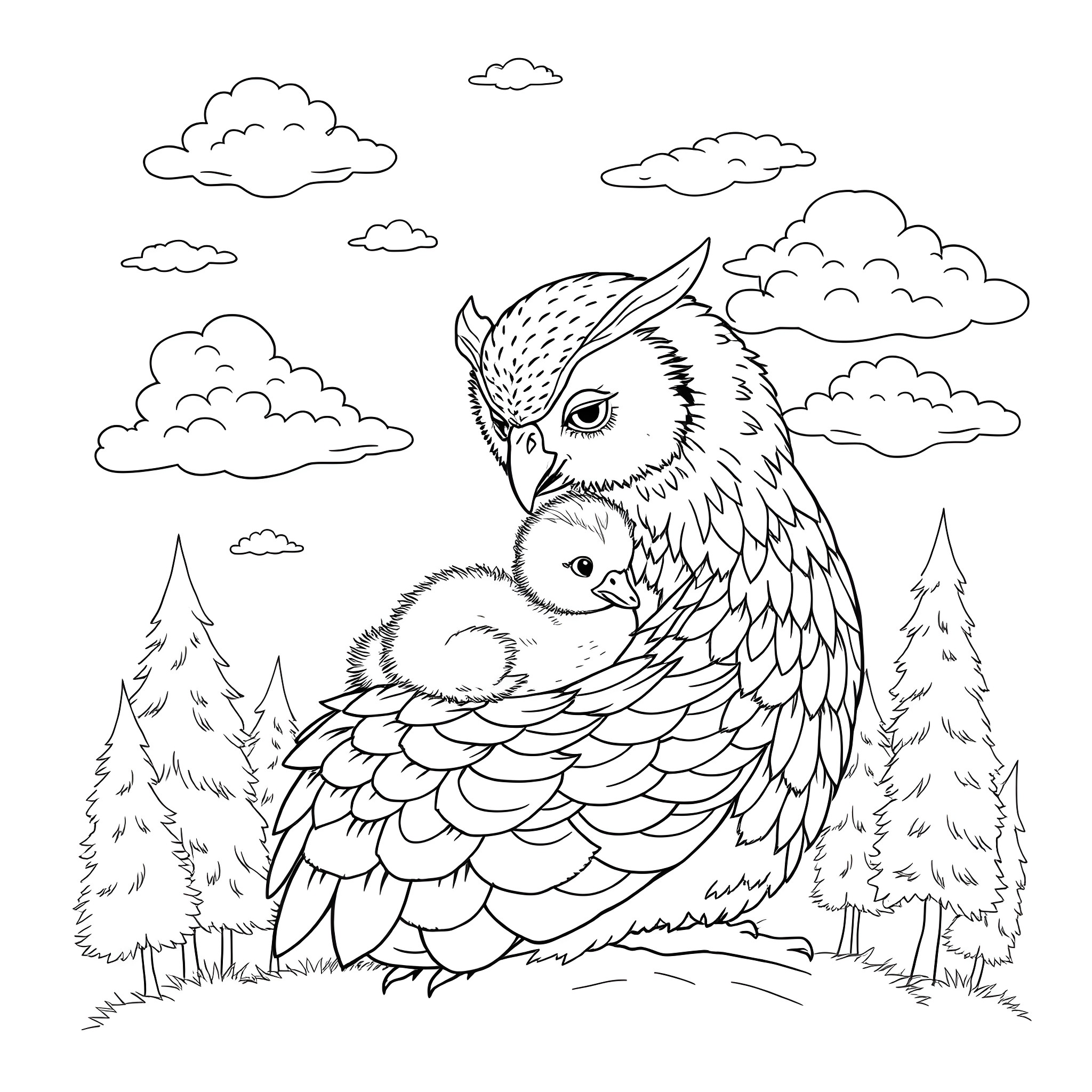 Duck nurturing baby duck in the forest Coloring Page (free black-and-white line drawing printable PDF for all, from beginners to advanced learners, including children, teens, adults, and seniors)