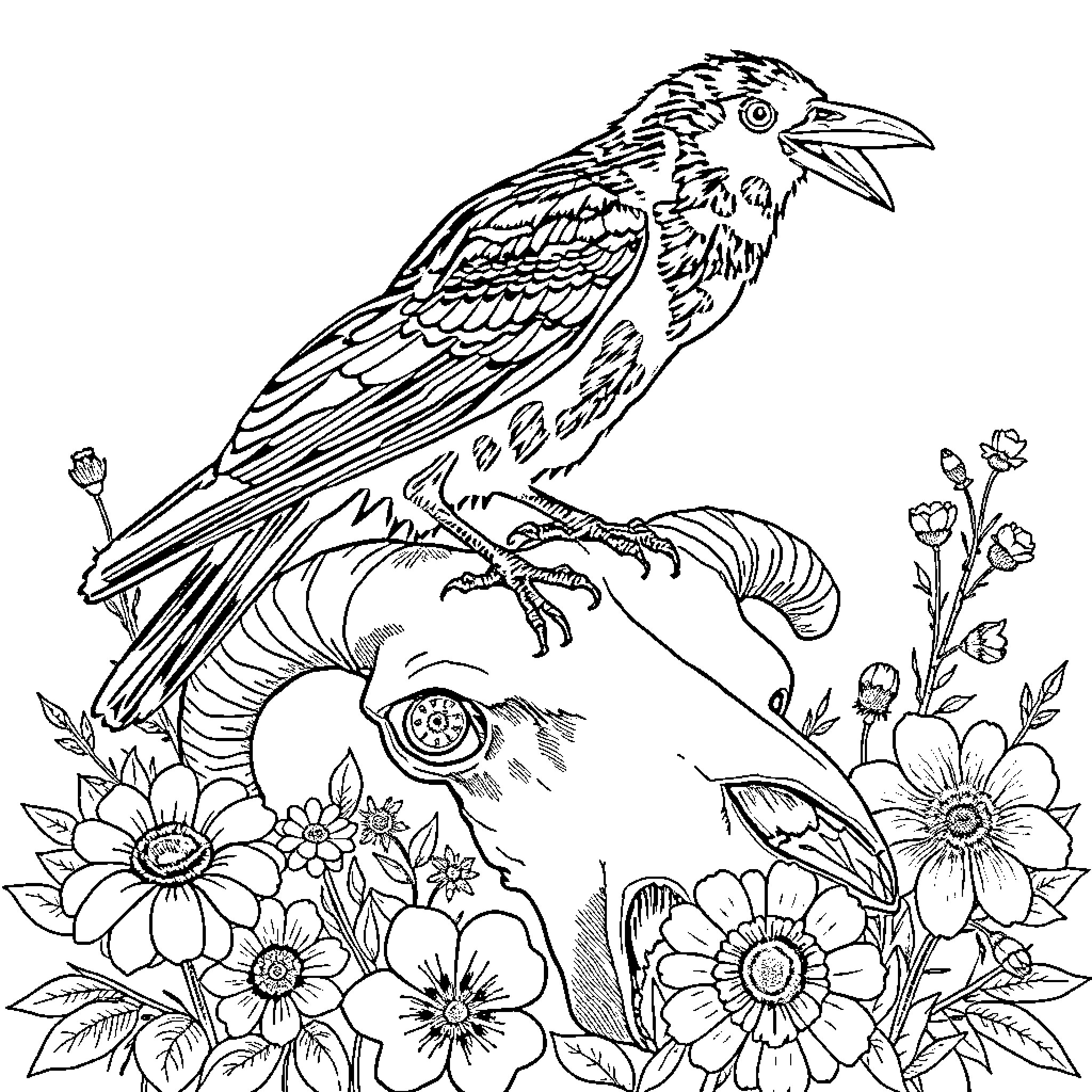 Crow perched atop a floral landscape Coloring Page (free black-and-white line drawing printable PDF for all, from beginners to advanced learners, including children, teens, adults, and seniors)