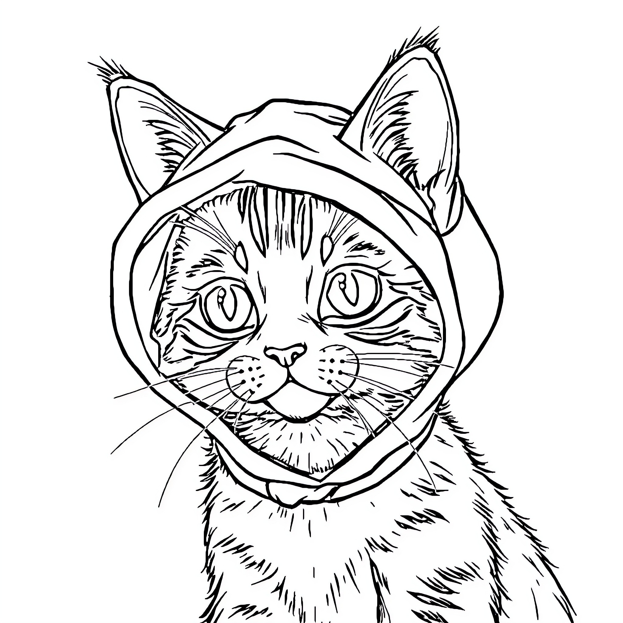 Cat wearing a hoodie with a happy expression Coloring Page (free black-and-white line drawing printable PDF for all, from beginners to advanced learners, including children, teens, adults, and seniors)