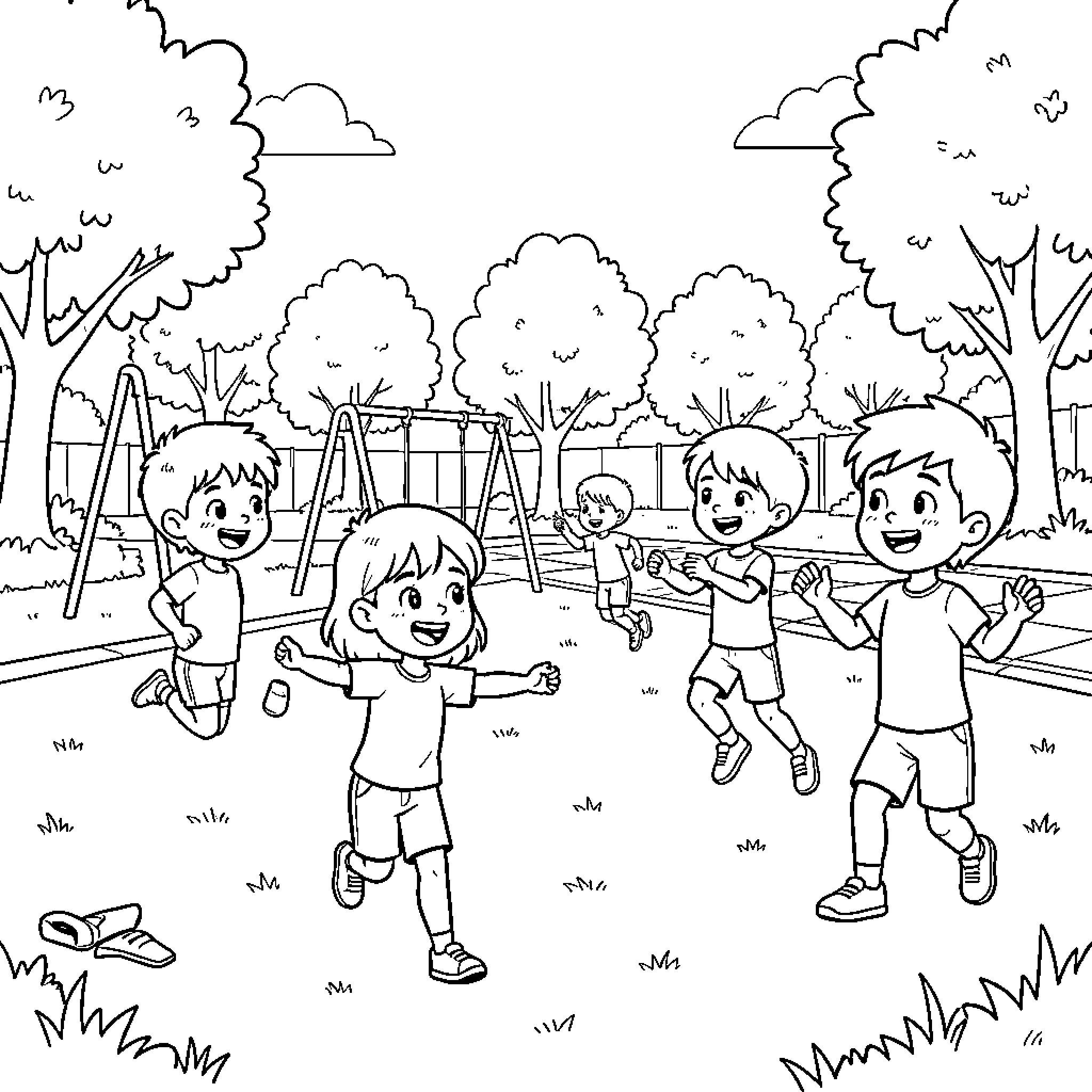 Child playing and running joyfully in a park Coloring Page (free black-and-white line drawing printable PDF for all, from beginners to advanced learners, including children, teens, adults, and seniors)
