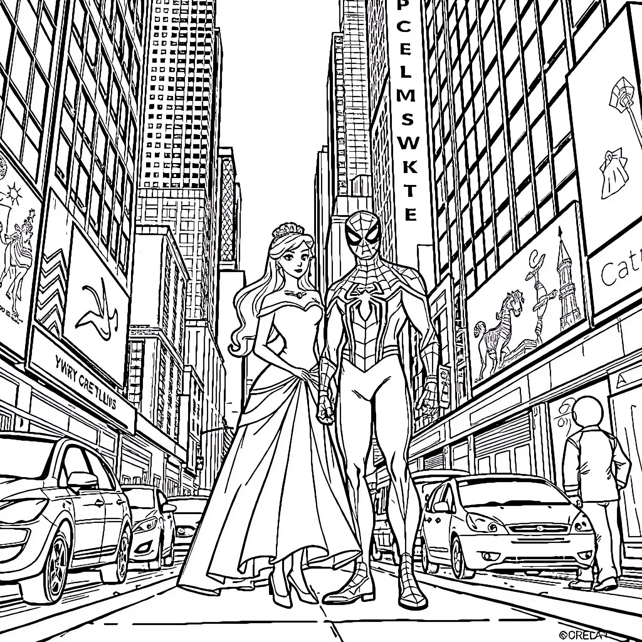 Princess's Heroic Adventure in the City Coloring Page (free black-and-white line drawing printable PDF for all, from beginners to advanced learners, including children, teens, adults, and seniors)