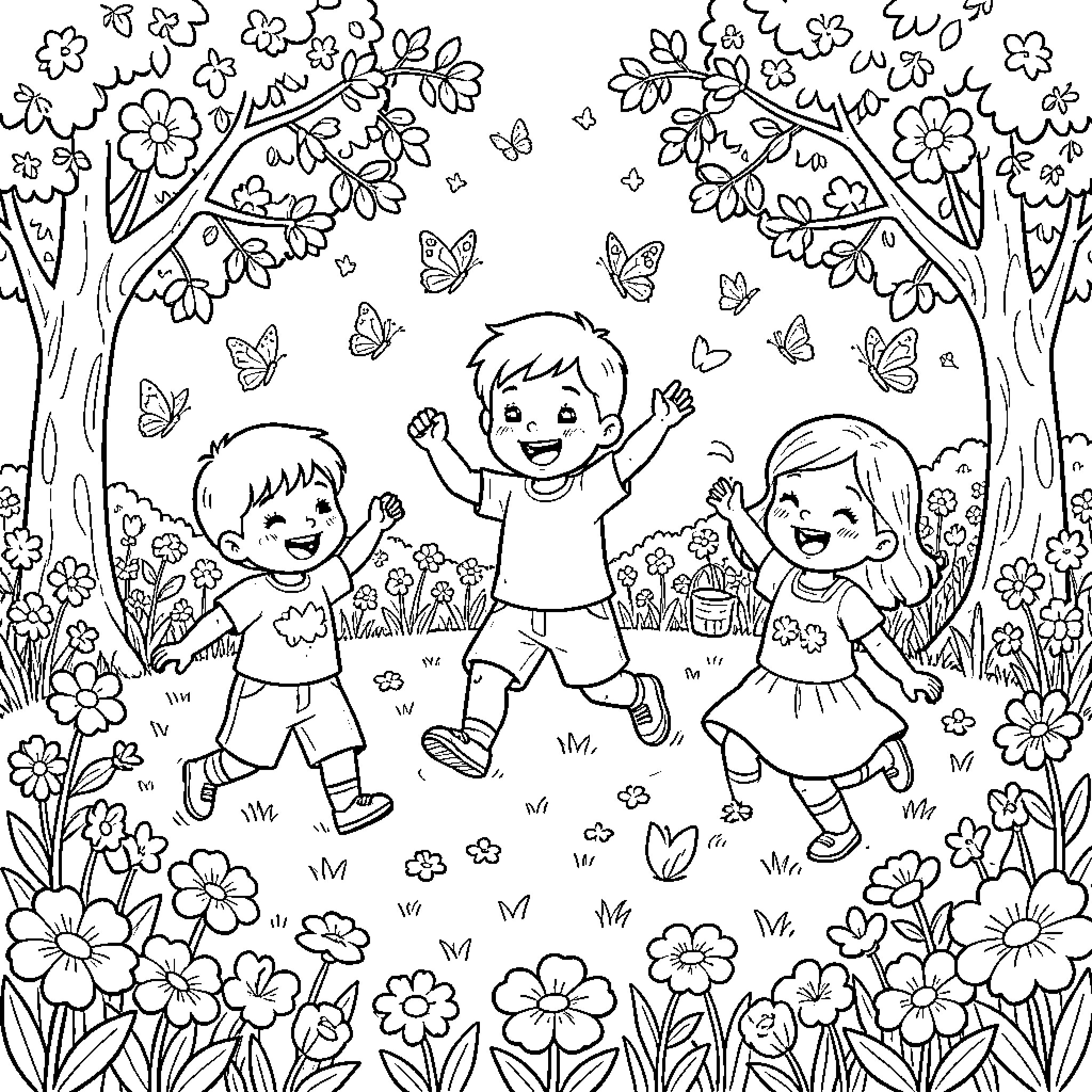 Spring Children Joyfully Playing in Flower Garden Coloring Page (free black-and-white line drawing printable PDF for all, from beginners to advanced learners, including children, teens, adults, and seniors)