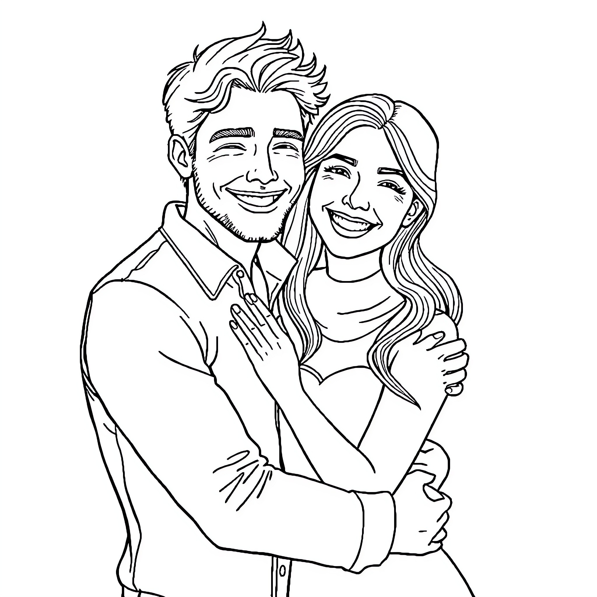 Couple embracing with happy expressions Coloring Page (free black-and-white line drawing printable PDF for all, from beginners to advanced learners, including children, teens, adults, and seniors)