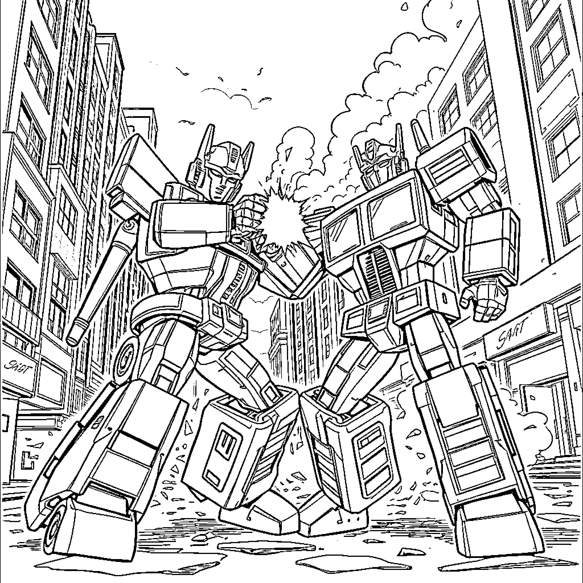 Transformer Giants Battling in the City Coloring Page (free black-and-white line drawing printable PDF for all, from beginners to advanced learners, including children, teens, adults, and seniors)