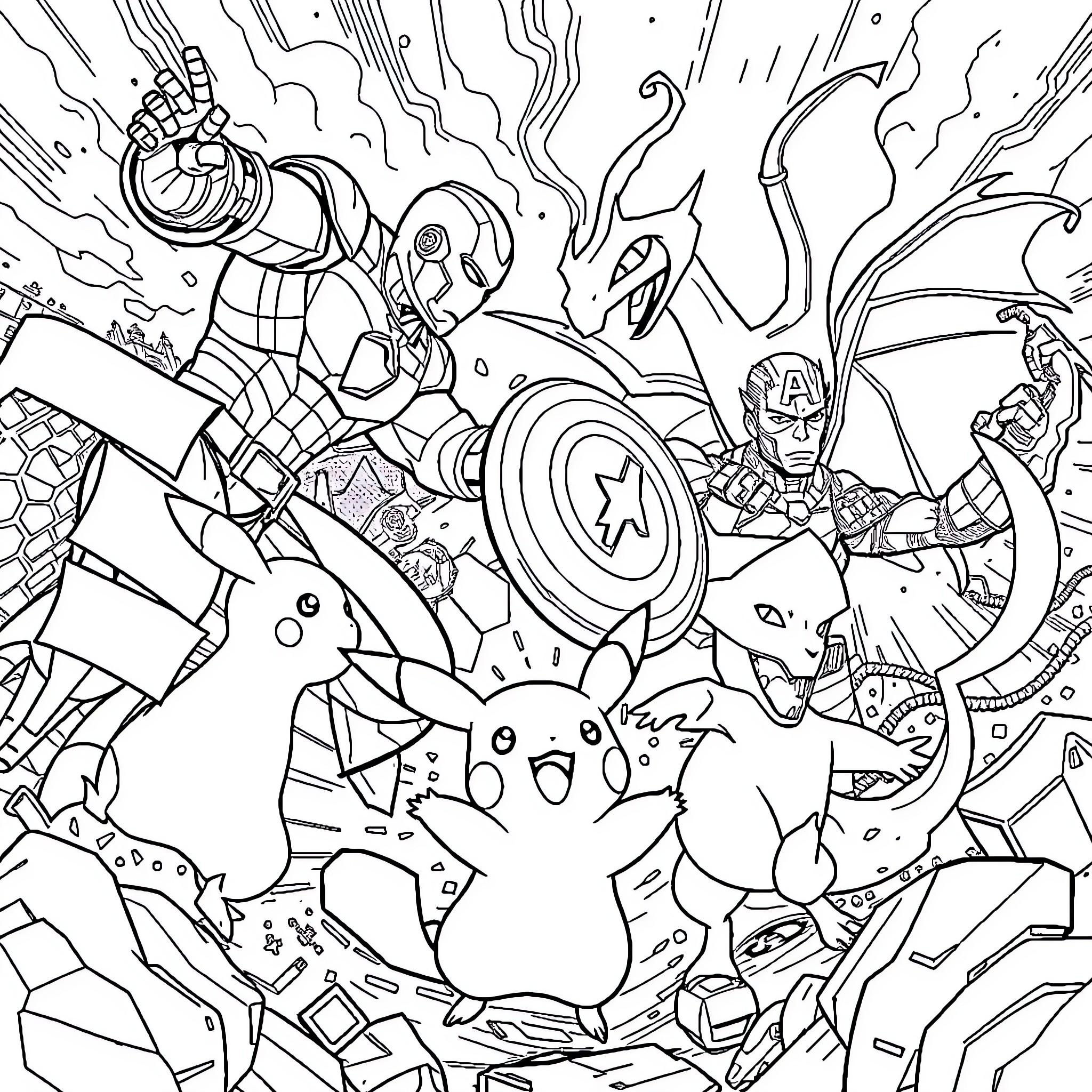 Avenger Superheroes Battle Iconic Monsters in Action-Packed Scene Coloring Page (free black-and-white line drawing printable PDF for all, from beginners to advanced learners, including children, teens, adults, and seniors)