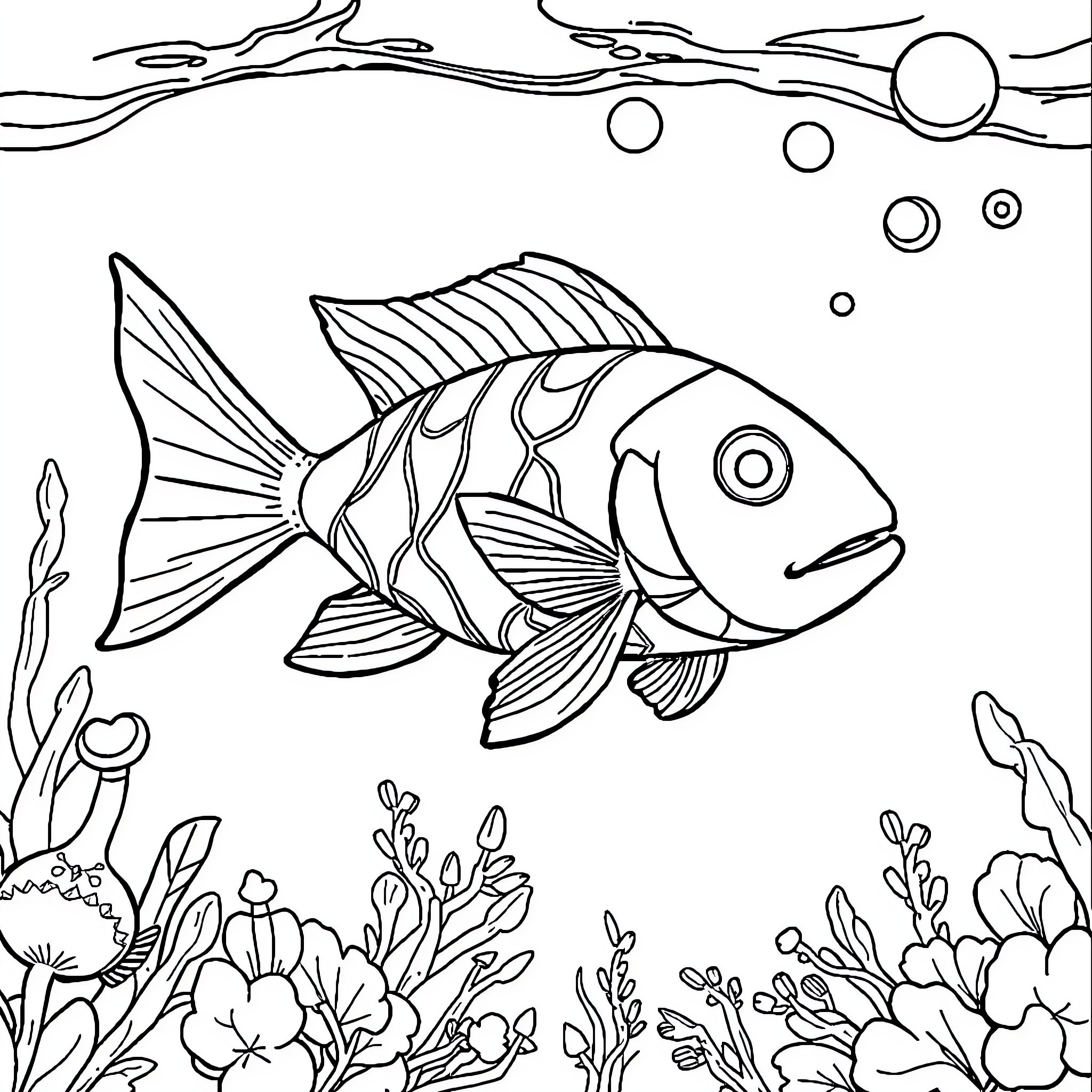 Labubu's Underwater Adventure Coloring Page (free black-and-white line drawing printable PDF for all, from beginners to advanced learners, including children, teens, adults, and seniors)